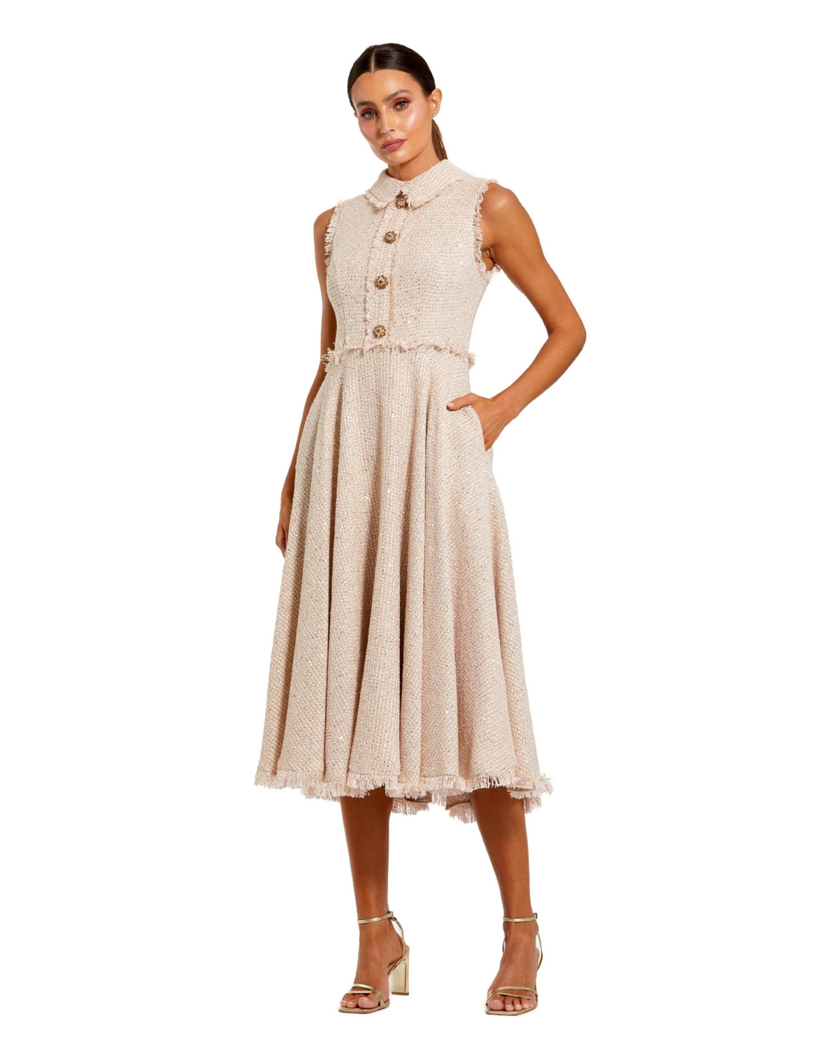 Mac Duggal Women’s Boucle Sleeveless Collared Button Up Midi Dress – Blush Mac Duggal Women’s Boucle Sleeveless Collared Button Up Midi Dress – Blush