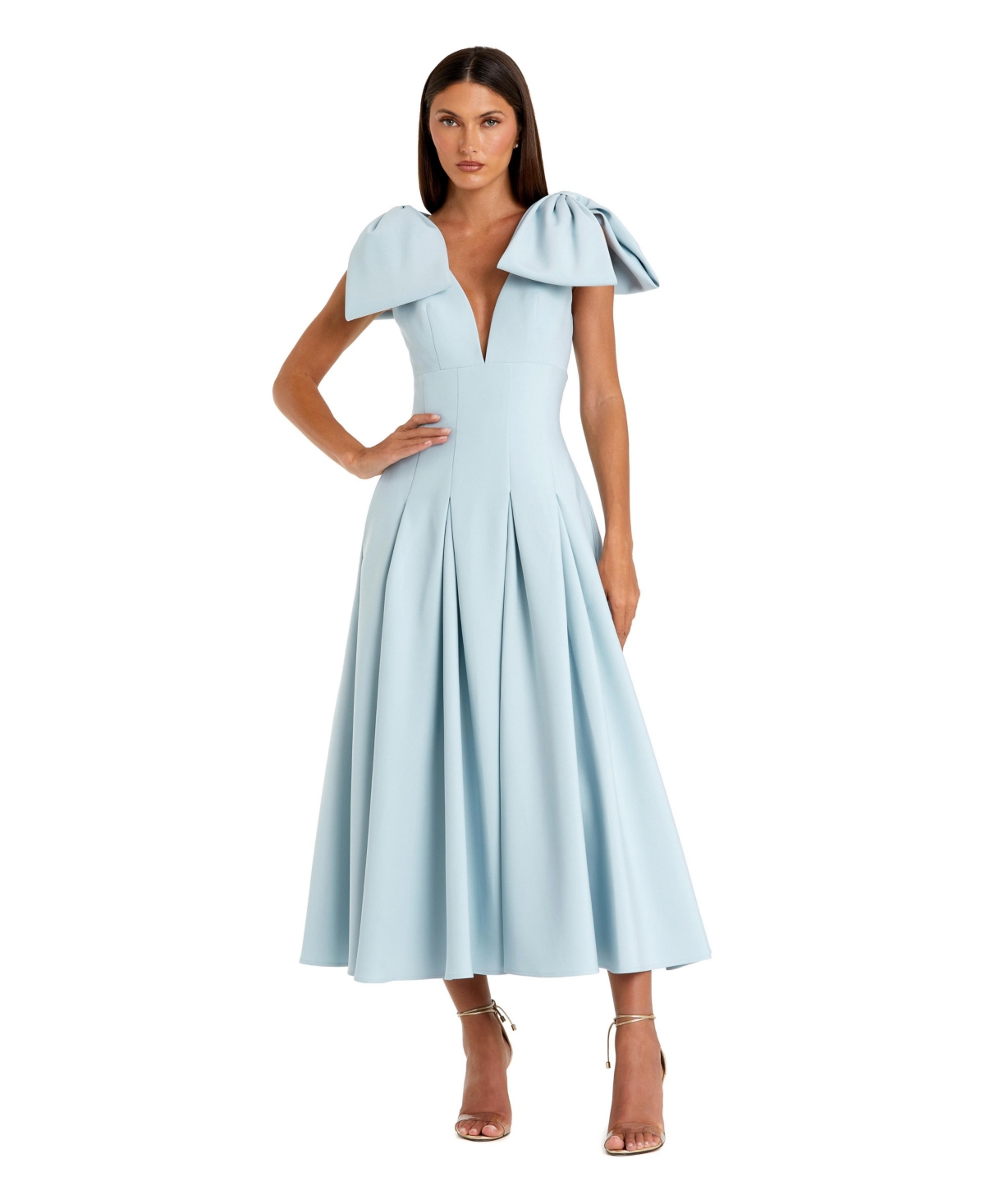 Mac Duggal Women’s Crepe A Line Midi Dress With Bow Straps – Ice blue