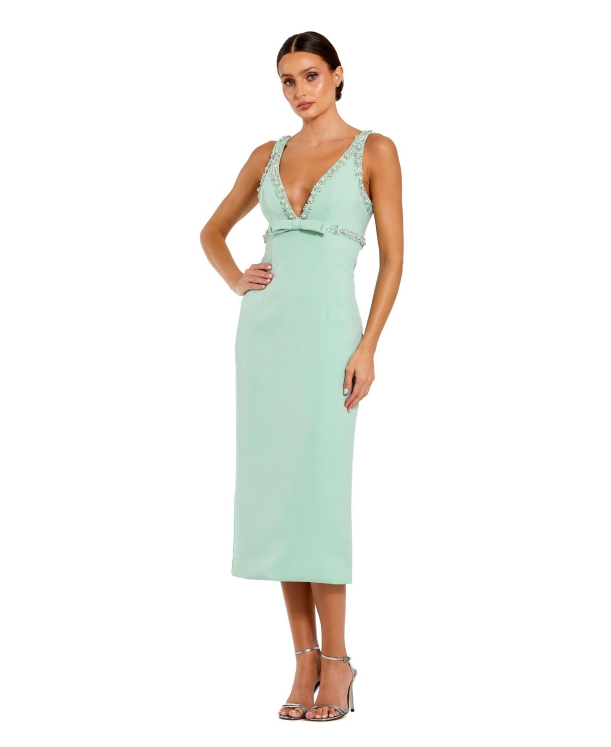 Mac Duggal Women’s Crepe Fitted Midi Dress With Bow And Beaded Trim – Sage Mac Duggal Women’s Crepe Fitted Midi Dress With Bow And Beaded Trim – Sage