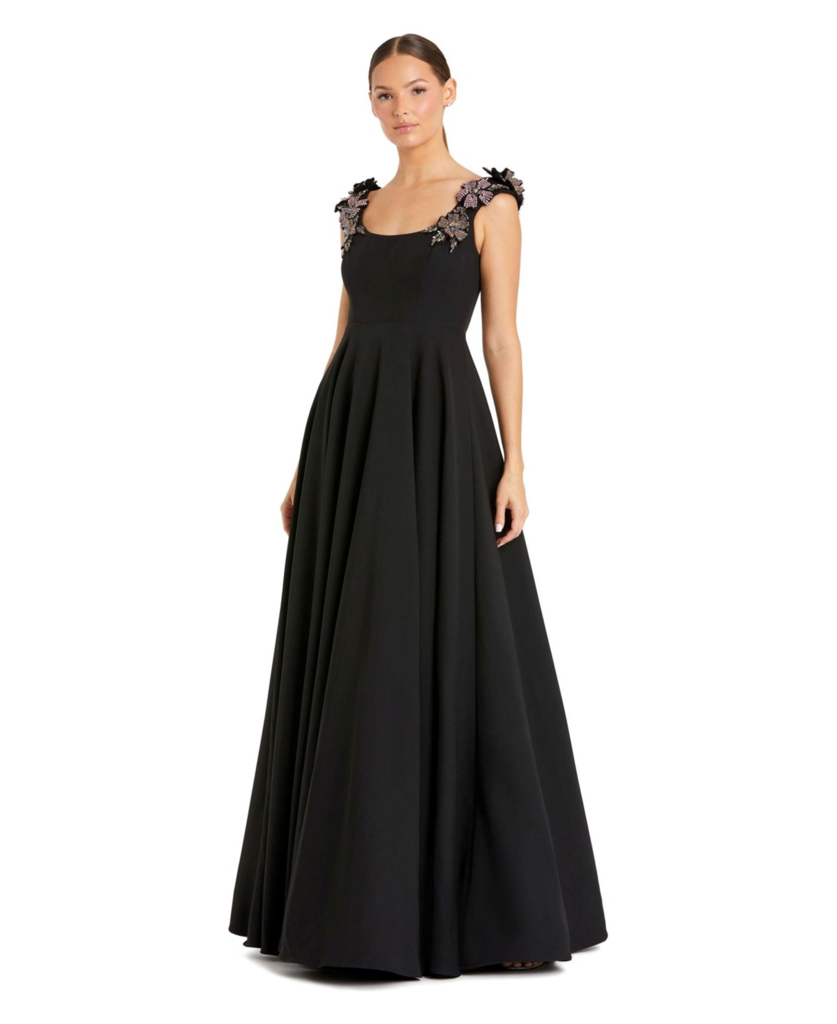 Mac Duggal Women’s Crepe Sleeveless Ballgown With Rhinestone Flowers – Black Mac Duggal Women’s Crepe Sleeveless Ballgown With Rhinestone Flowers – Black