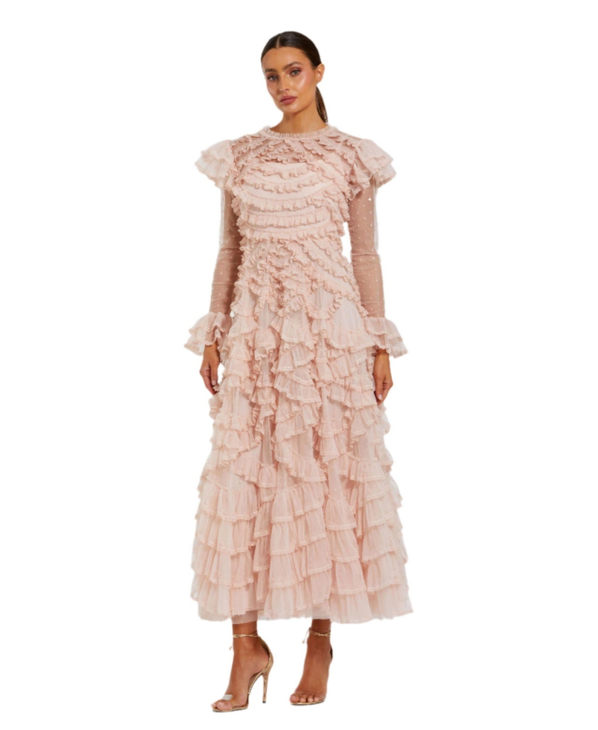 Mac Duggal Women’s Dot Net Double Ruffle Trim High Neck Ankle Dress – Porcelain