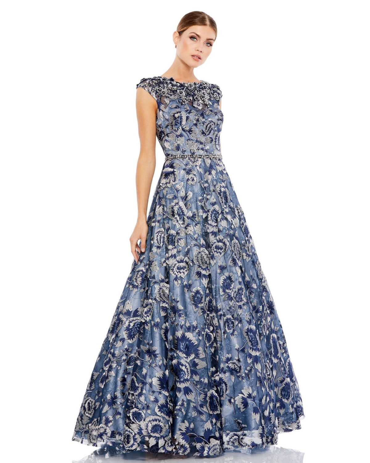 Mac Duggal Women’s Embellished Cap Sleeve High Neck Ballgown – Blue