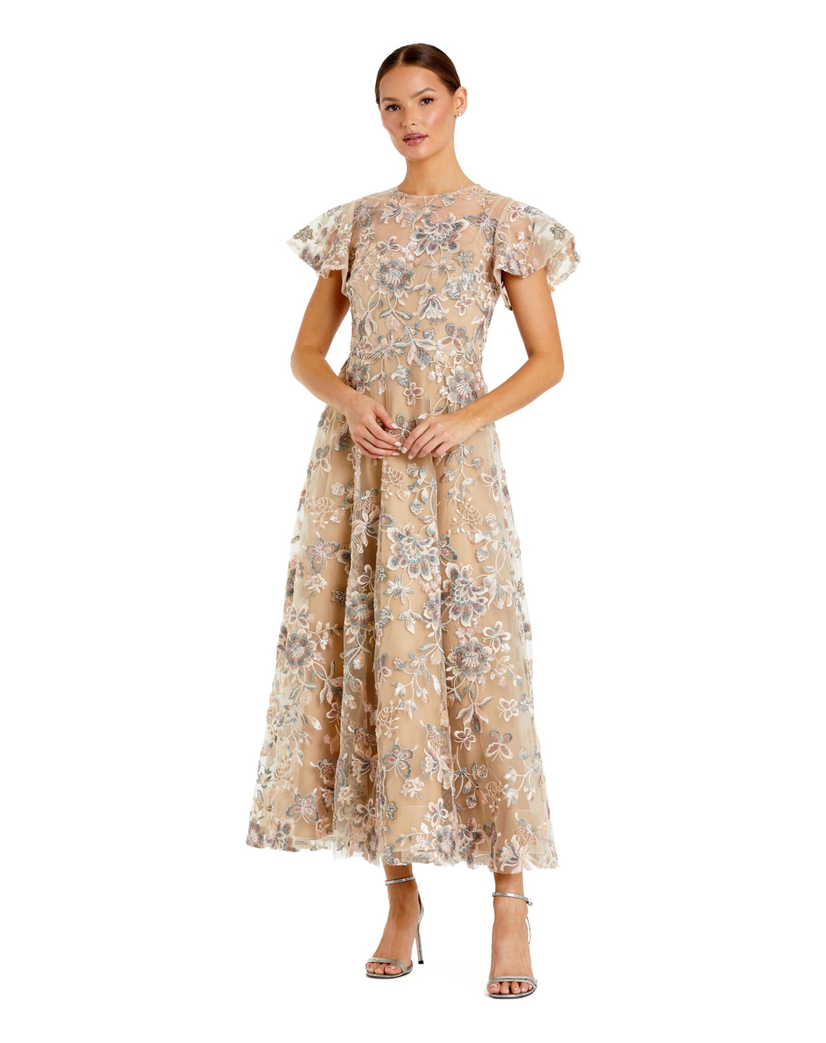 Mac Duggal Women’s Embroidered Floral Mesh A-Line Midi Dress – Nude