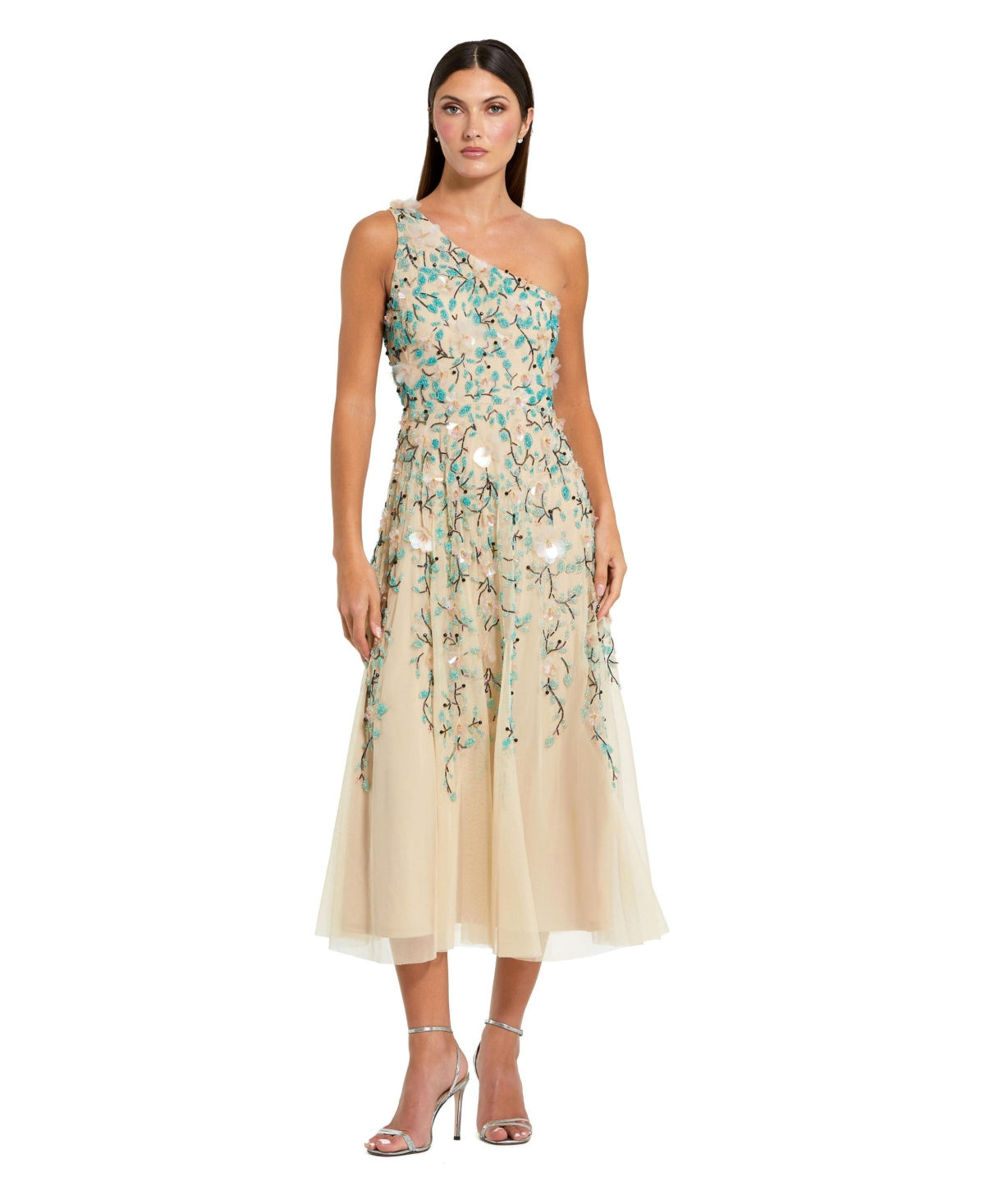 Mac Duggal Women’s Floral Embellished Mesh One Shoulder Midi Dress – Nude multi Mac Duggal Women’s Floral Embellished Mesh One Shoulder Midi Dress – Nude multi
