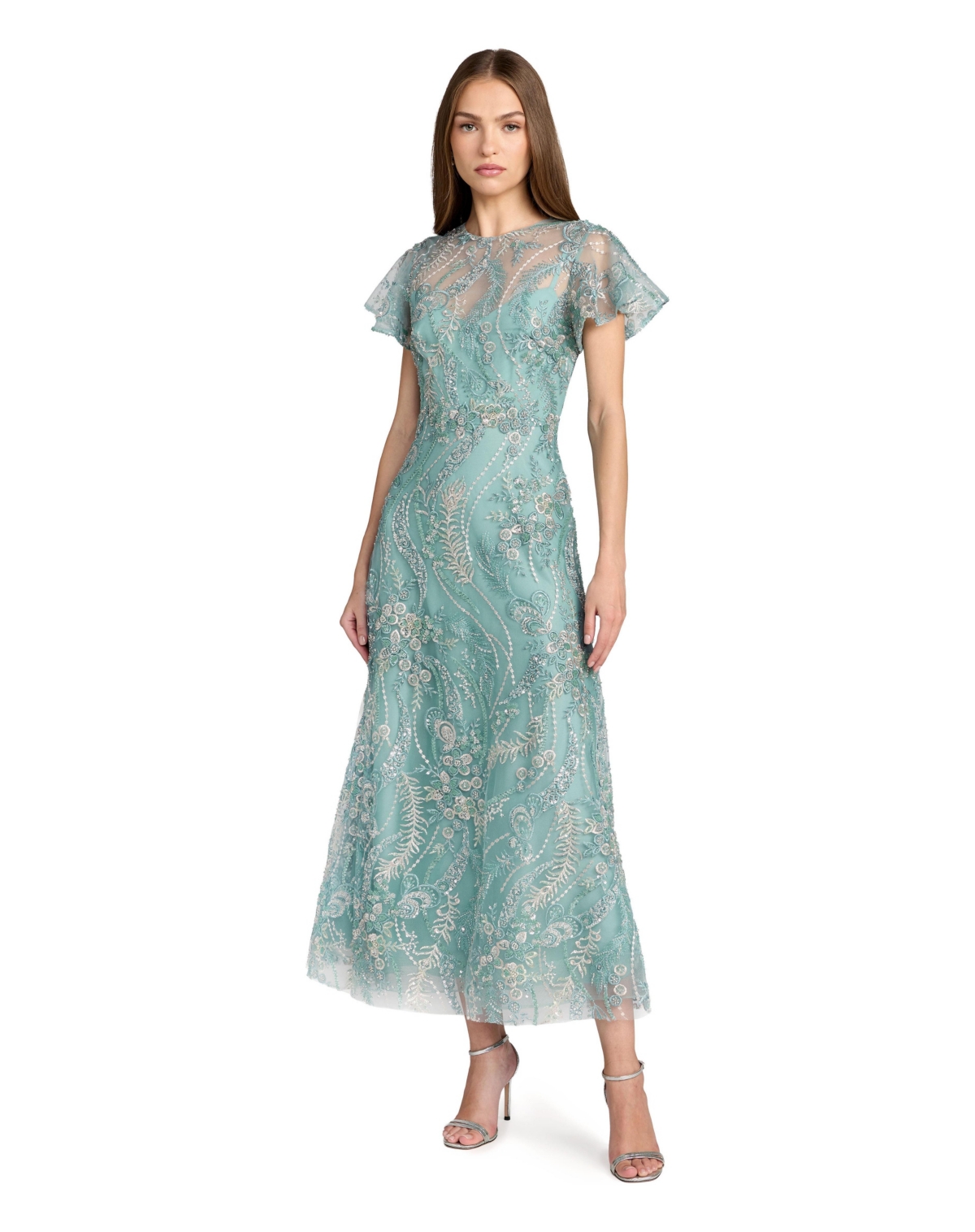 Mac Duggal Women’s Floral Embroidered Flutter Sleeve Ankle Dress – Seafoam Mac Duggal Women’s Floral Embroidered Flutter Sleeve Ankle Dress – Seafoam