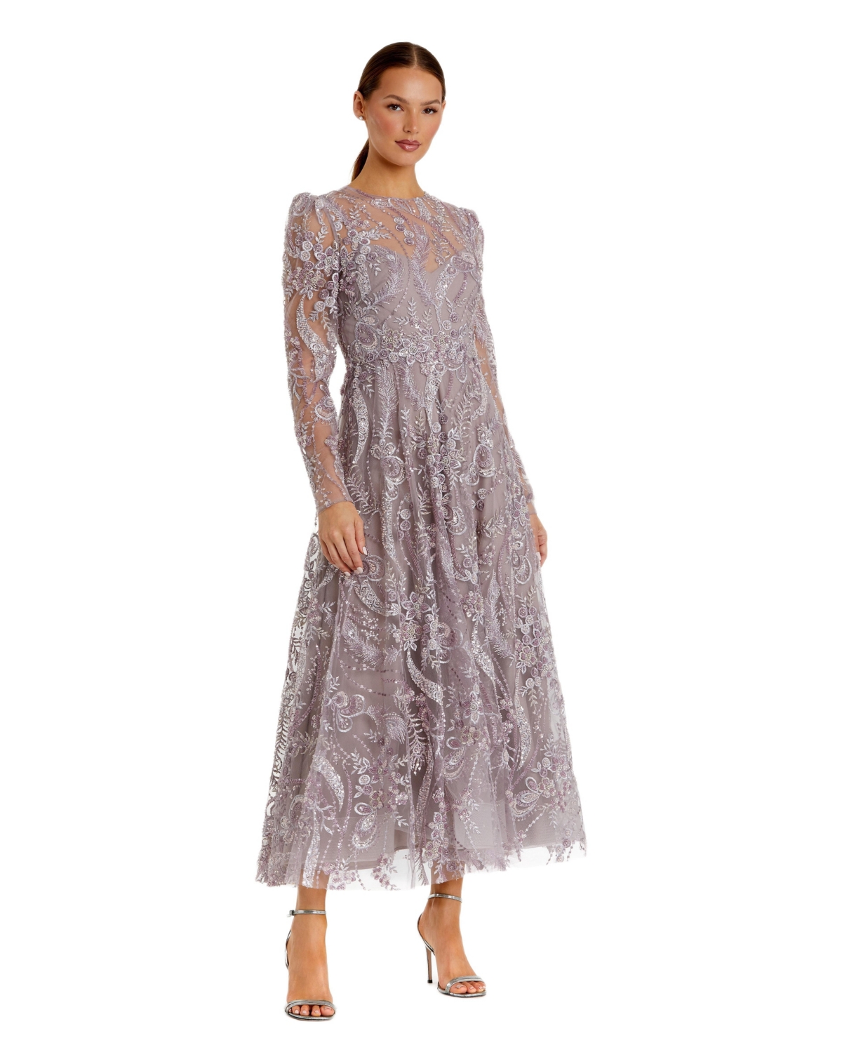 Mac Duggal Women’s Floral Embroidered High Neck Long Sleeve Dress – Mauve