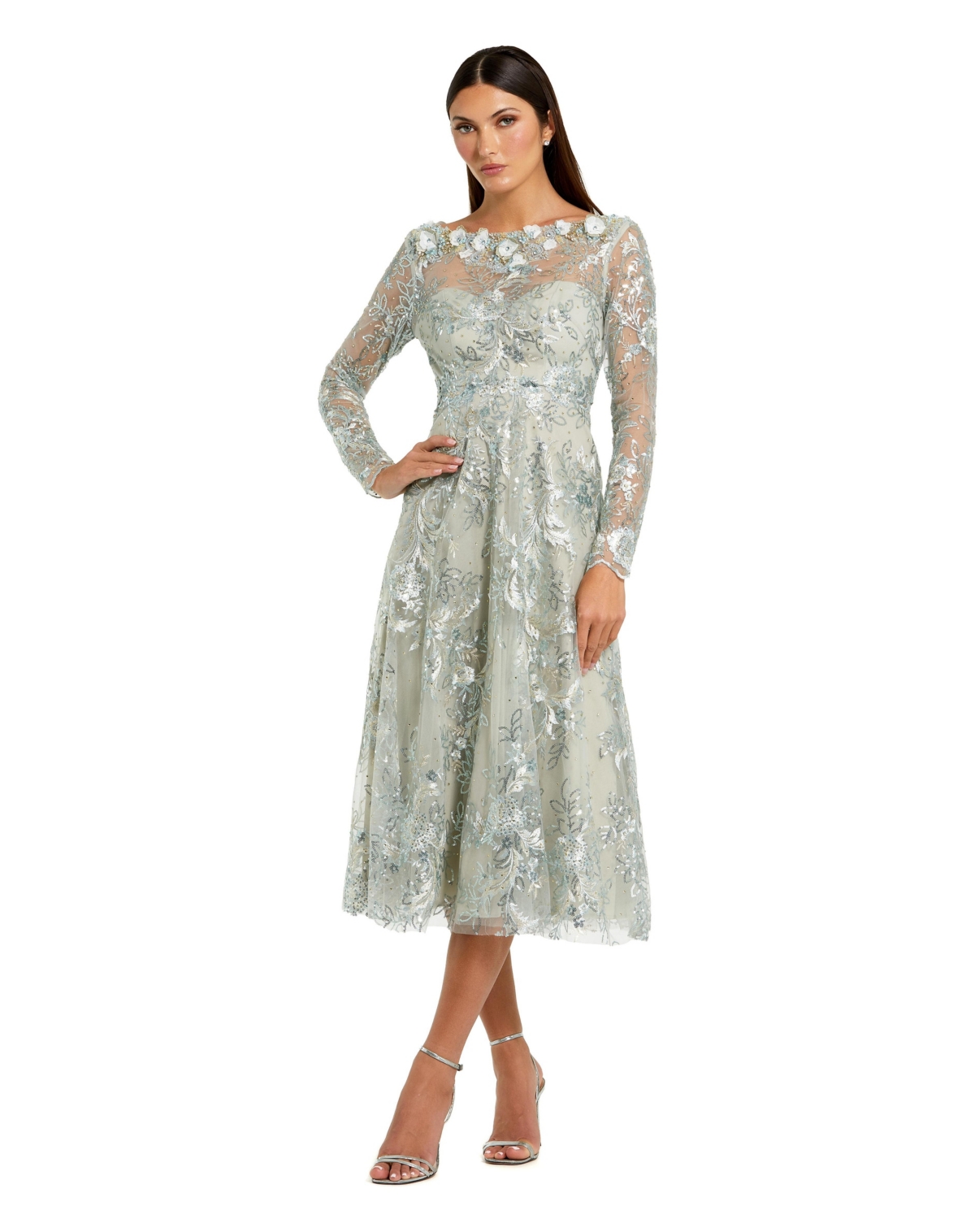 Mac Duggal Women’s Floral Embroidered Long Sleeve Midi Dress – Mist Mac Duggal Women’s Floral Embroidered Long Sleeve Midi Dress – Mist