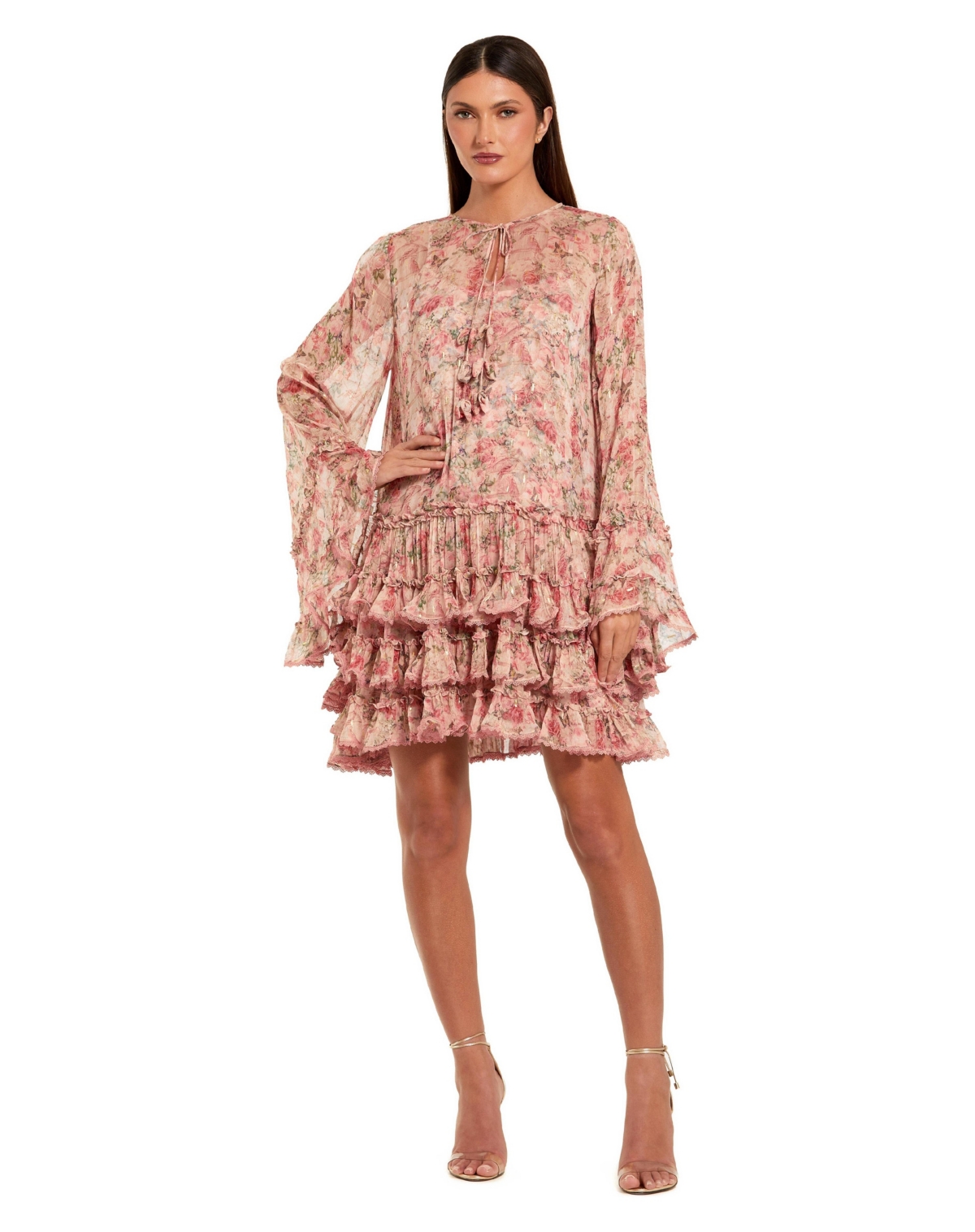 Mac Duggal Women’s Floral Long Sleeve Ruffle Viscose Mini Dress – Pink multi