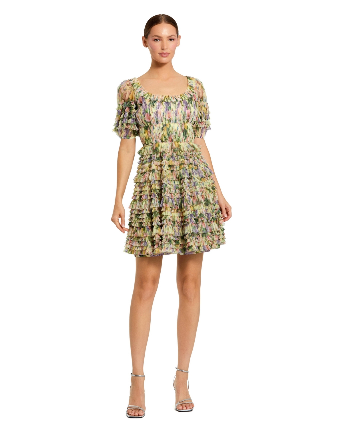 Mac Duggal Women’s Floral Mesh Puff Sleeve Ruffle Mini Dress – Yellow multi Mac Duggal Women’s Floral Mesh Puff Sleeve Ruffle Mini Dress – Yellow multi