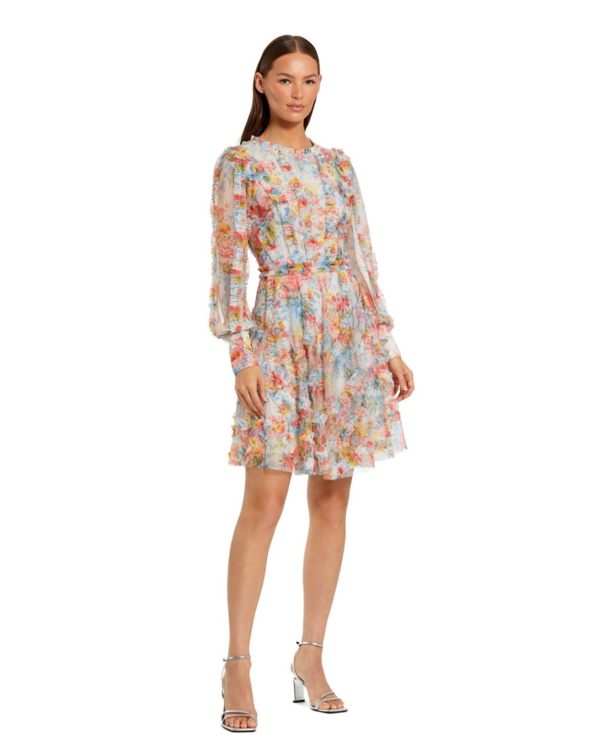 Mac Duggal Women’s Floral Mesh Ruffle High Neck Mini Dress – Blue multi Mac Duggal Women’s Floral Mesh Ruffle High Neck Mini Dress – Blue multi