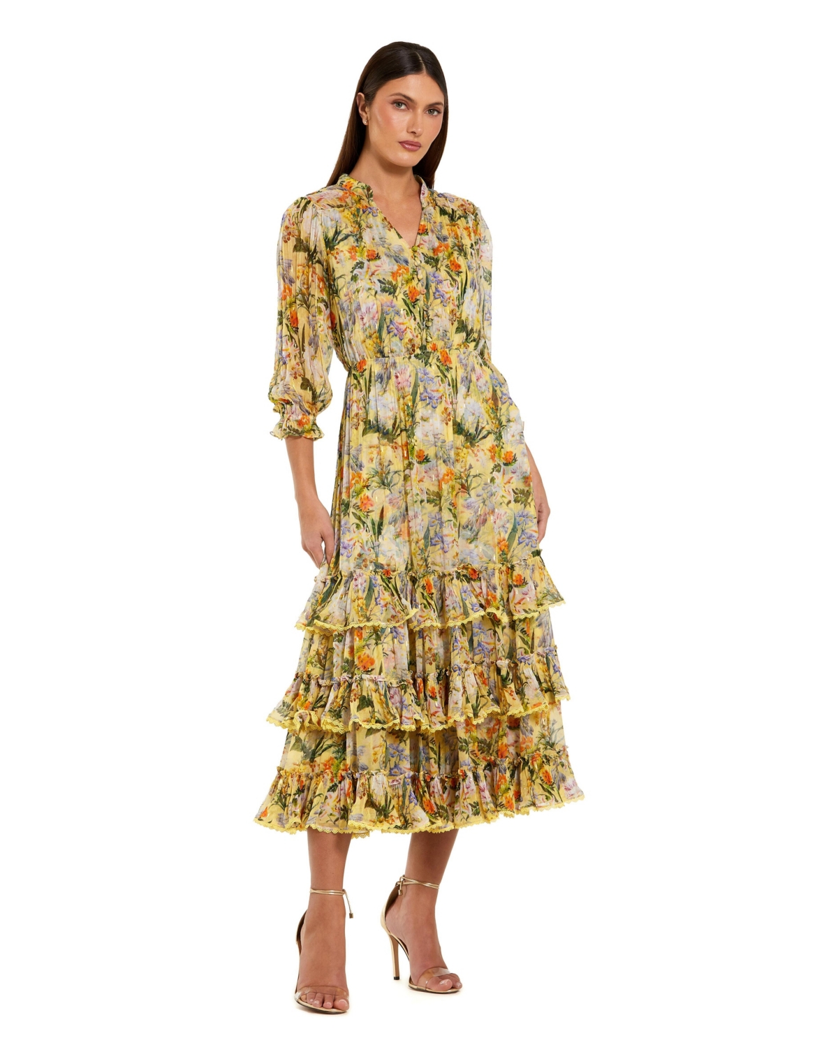 Mac Duggal Women’s Floral V-Neck Ruffle Tiered Midi Dress with 3/4 Sleeves – Yellow multi Mac Duggal Women’s Floral V-Neck Ruffle Tiered Midi Dress with 3/4 Sleeves – Yellow multi