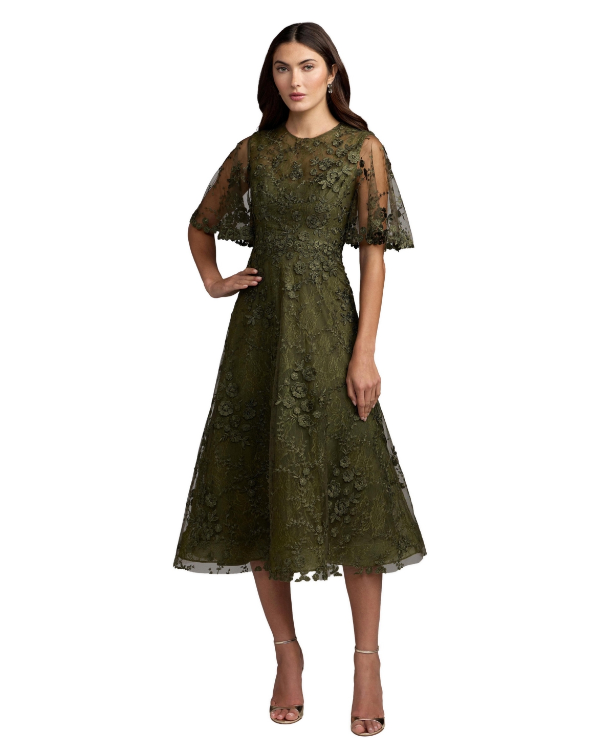 Mac Duggal Women’s Flutter Sleeve Embroidered Midi Dress – Olive Mac Duggal Women’s Flutter Sleeve Embroidered Midi Dress – Olive