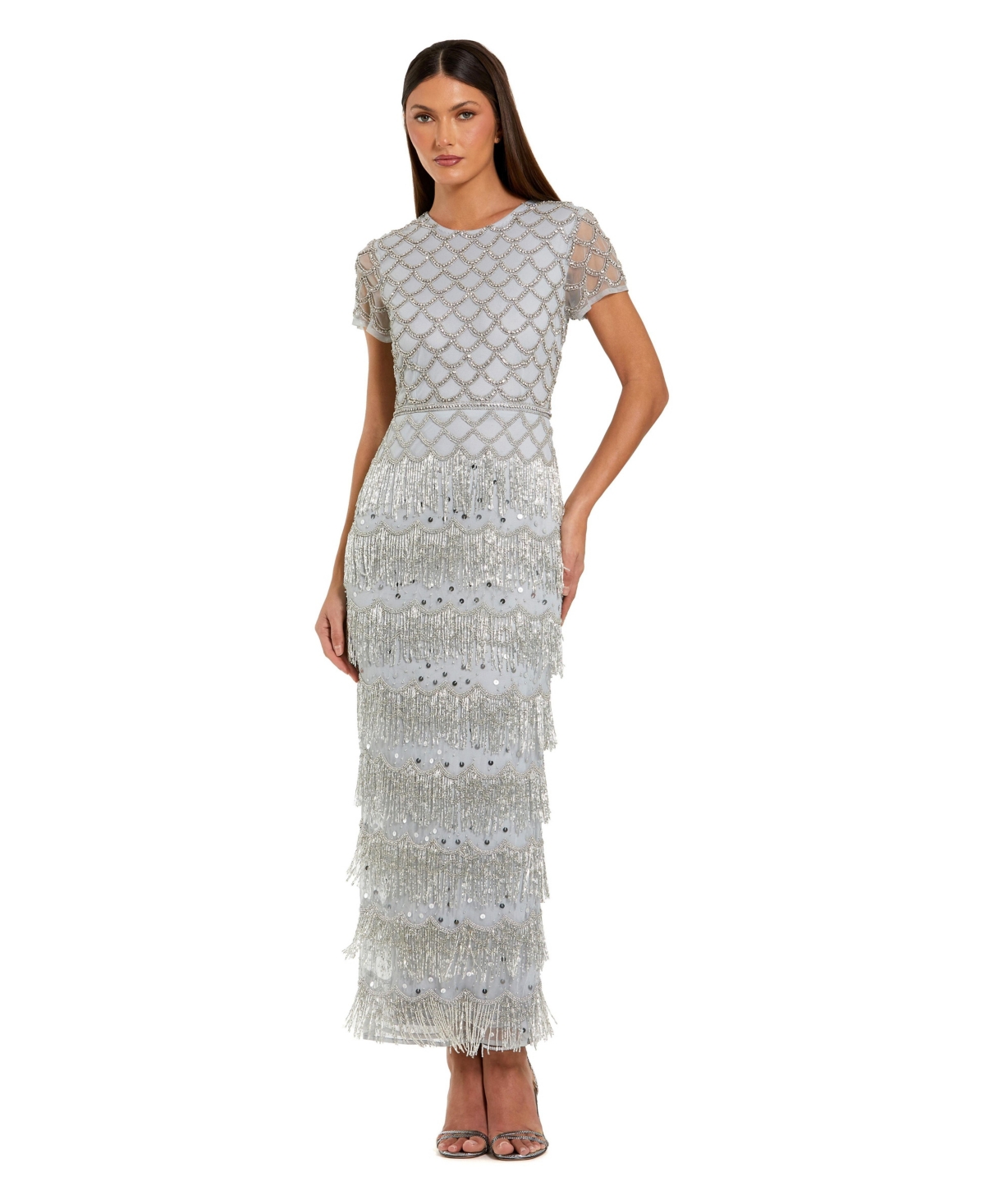 Mac Duggal Women’s Fringe Embellished Mesh Maxi Dress – Grey Mac Duggal Women’s Fringe Embellished Mesh Maxi Dress – Grey