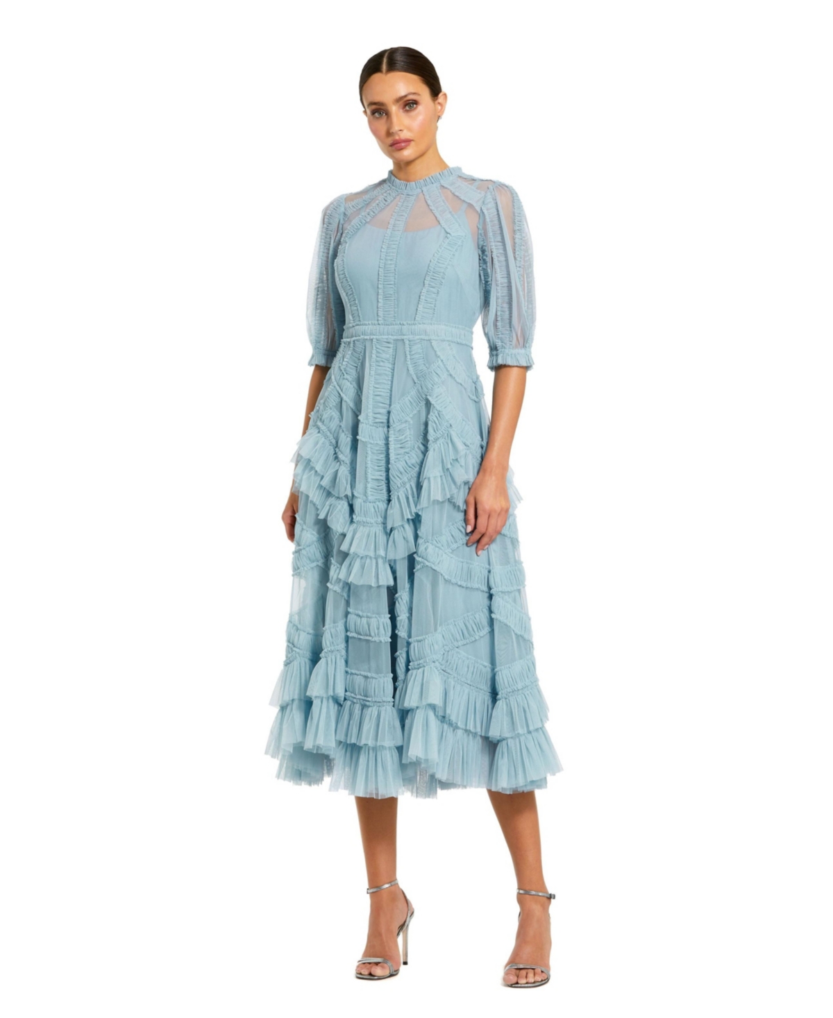 Mac Duggal Women’s High Neck Puff Sleeve Ruffle Tiered Dress – French blue
