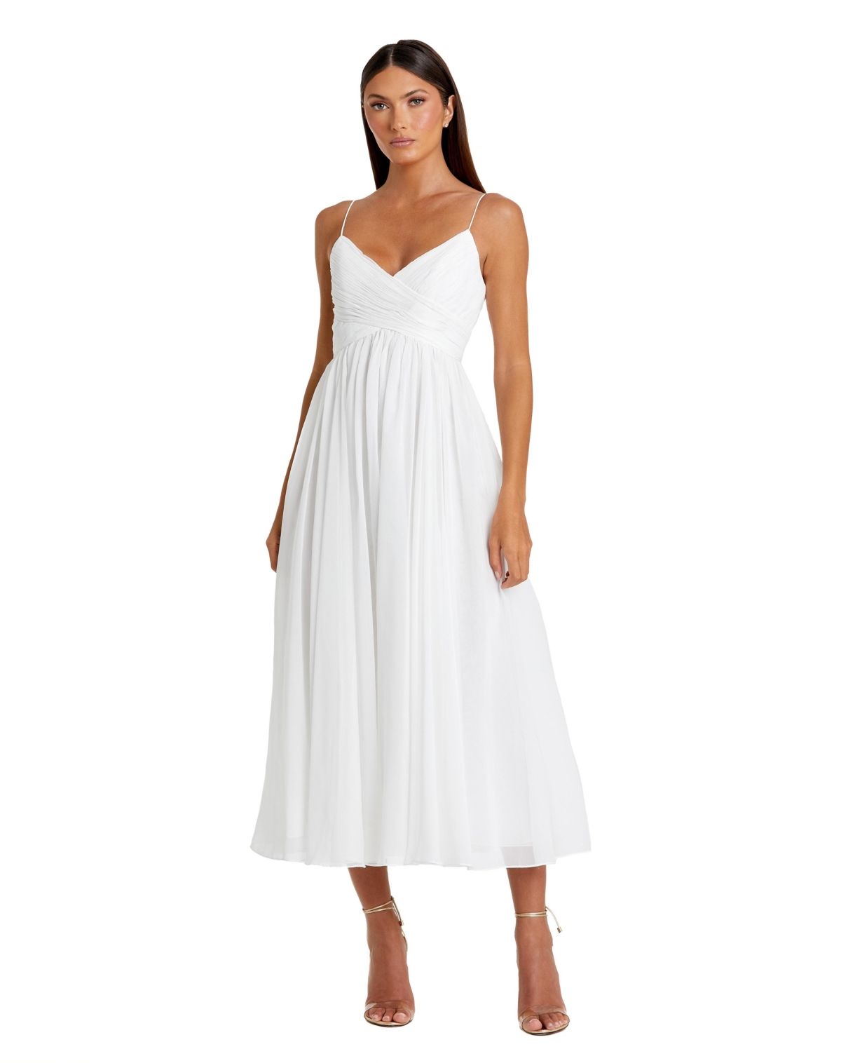 Mac Duggal Women’s Ieena Faux Wrap Sleeveless Flowy Dress – White Mac Duggal Women’s Ieena Faux Wrap Sleeveless Flowy Dress – White