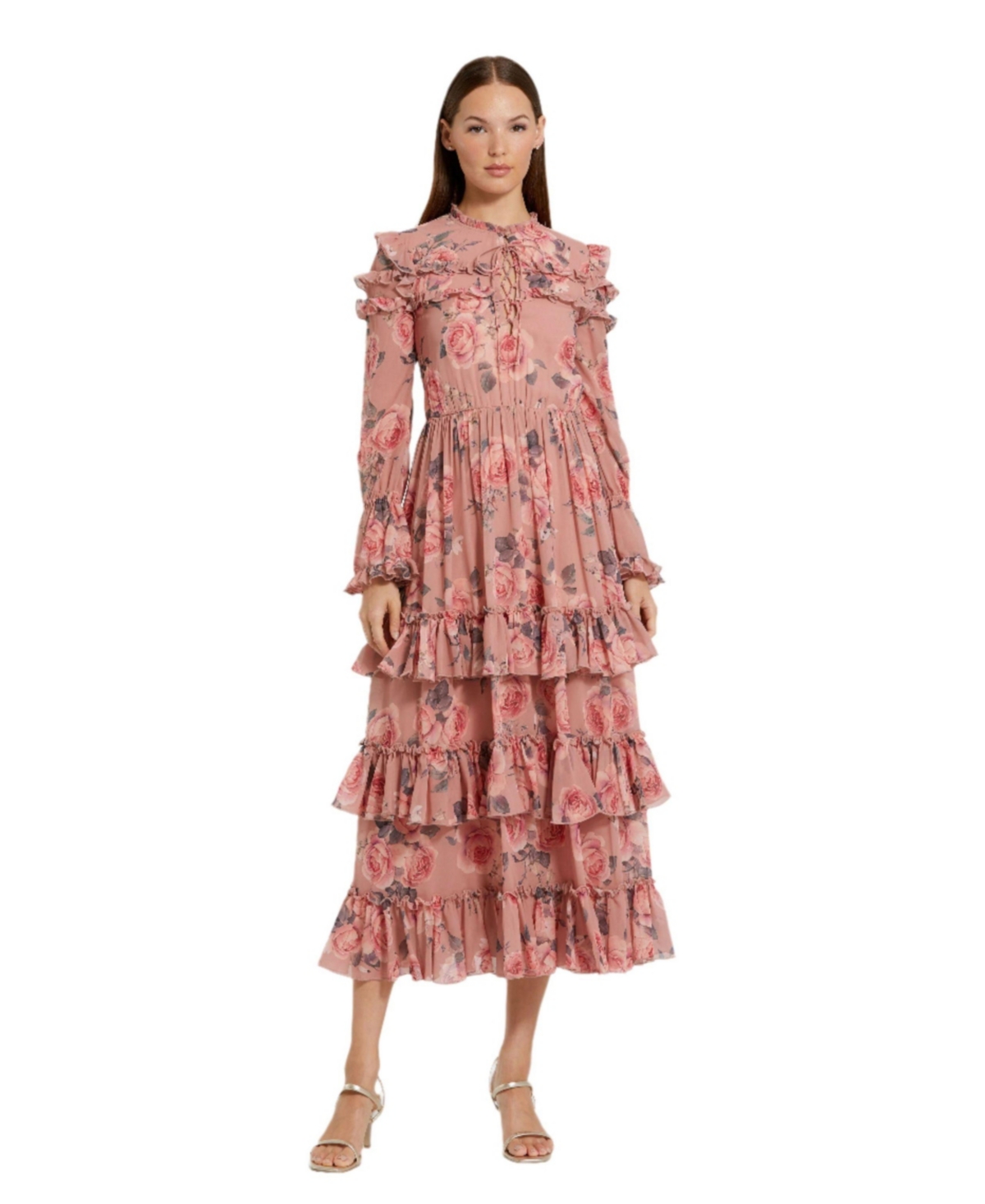 Mac Duggal Women’s Long Sleeve Lace Up Front Tiered Ruffle Dress – Rose multi