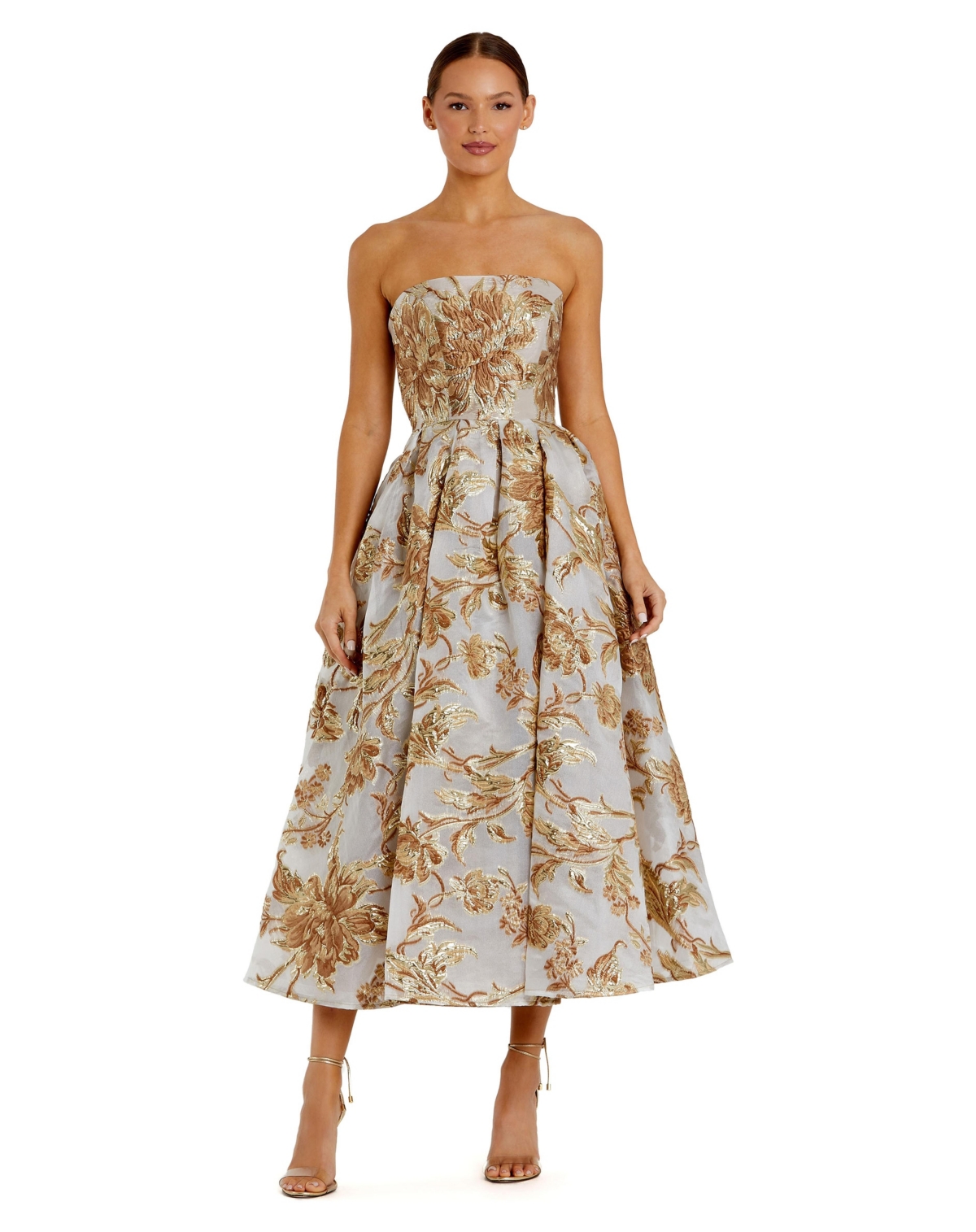 Mac Duggal Women’s Petite Strapless Brocade Midi Dress with Pockets – Bronze Mac Duggal Women’s Petite Strapless Brocade Midi Dress with Pockets – Bronze