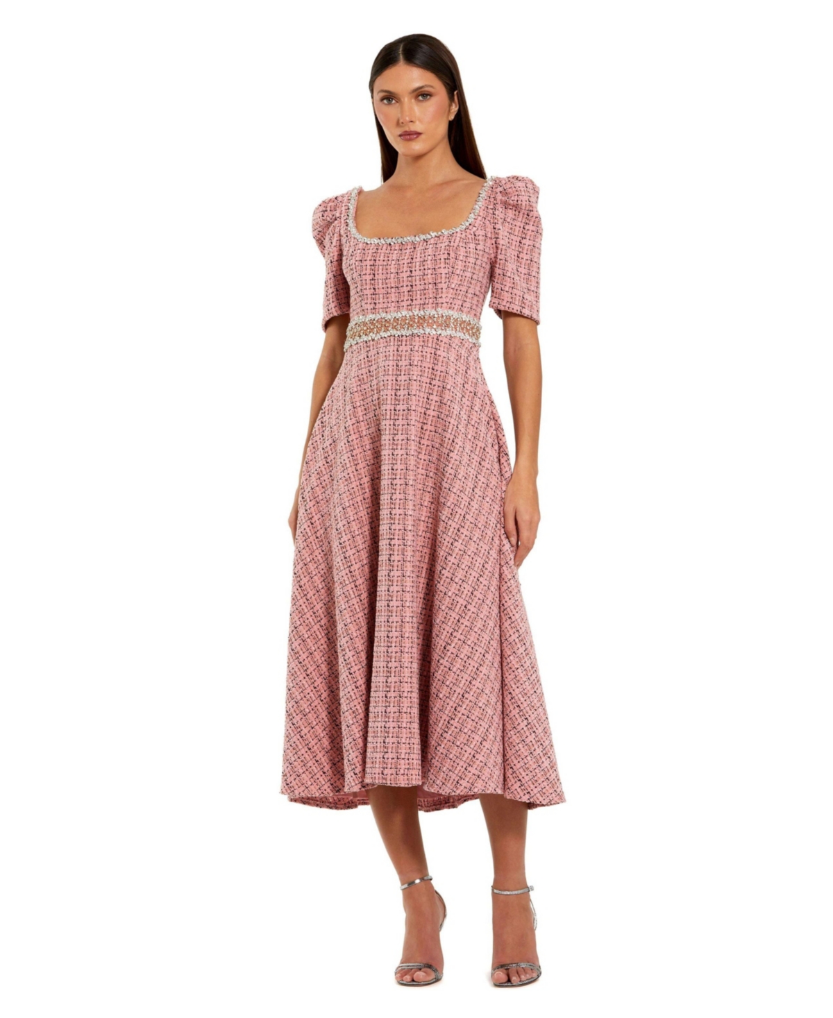 Mac Duggal Women’s Puff Sleeve Boucle Midi Dress With Beaded Belt – Pink multi