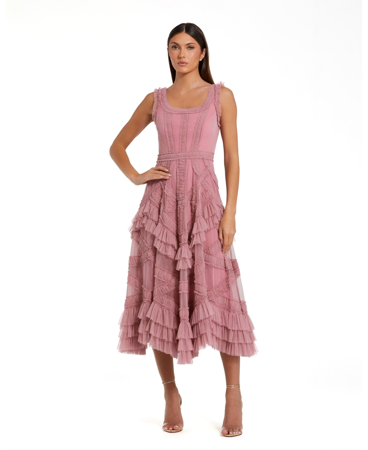 Mac Duggal Women’s Scoop Neck Sleeveless Mesh Micro Ruffle Midi Dress – Antique rose