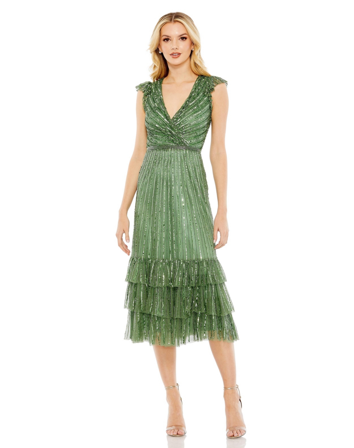 Mac Duggal Women’s Sequined Wrap Over Cap Sleeve Ruffle Hem Dress – Sage Mac Duggal Women’s Sequined Wrap Over Cap Sleeve Ruffle Hem Dress – Sage