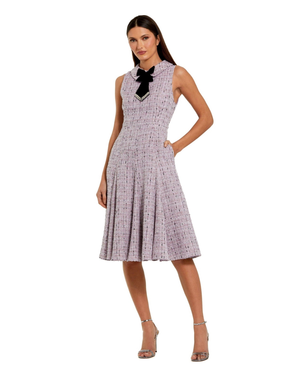 Mac Duggal Women’s Sleeveless Boucle A-Line Midi Dress With Bow – Lilac multi