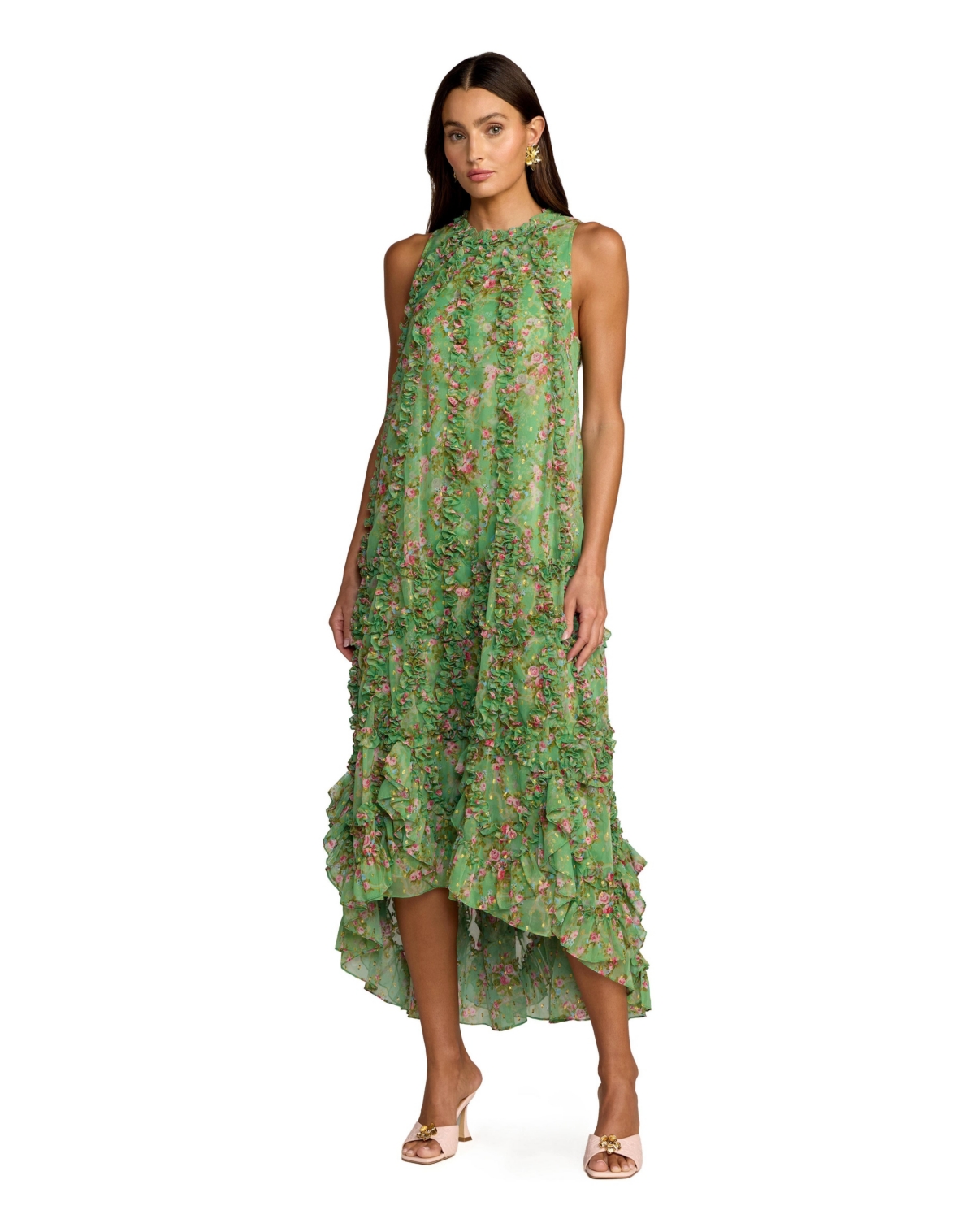 Mac Duggal Women’s Sleeveless Floral Chiffon Midi Dress with Ruffles – Sage multi