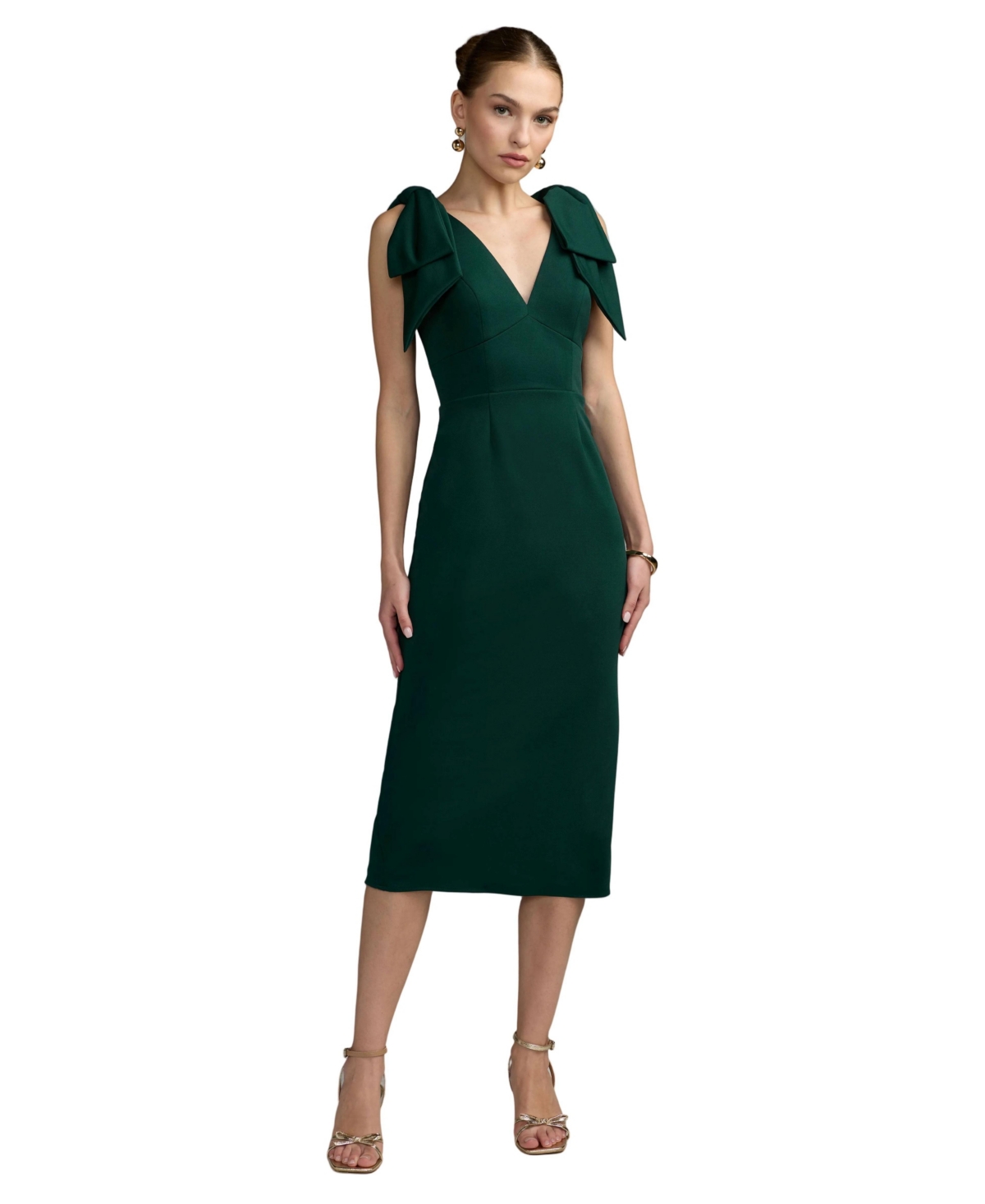 Mac Duggal Women’s Statement Bow Shoulder Crepe Midi Dress – Emerald Mac Duggal Women’s Statement Bow Shoulder Crepe Midi Dress – Emerald