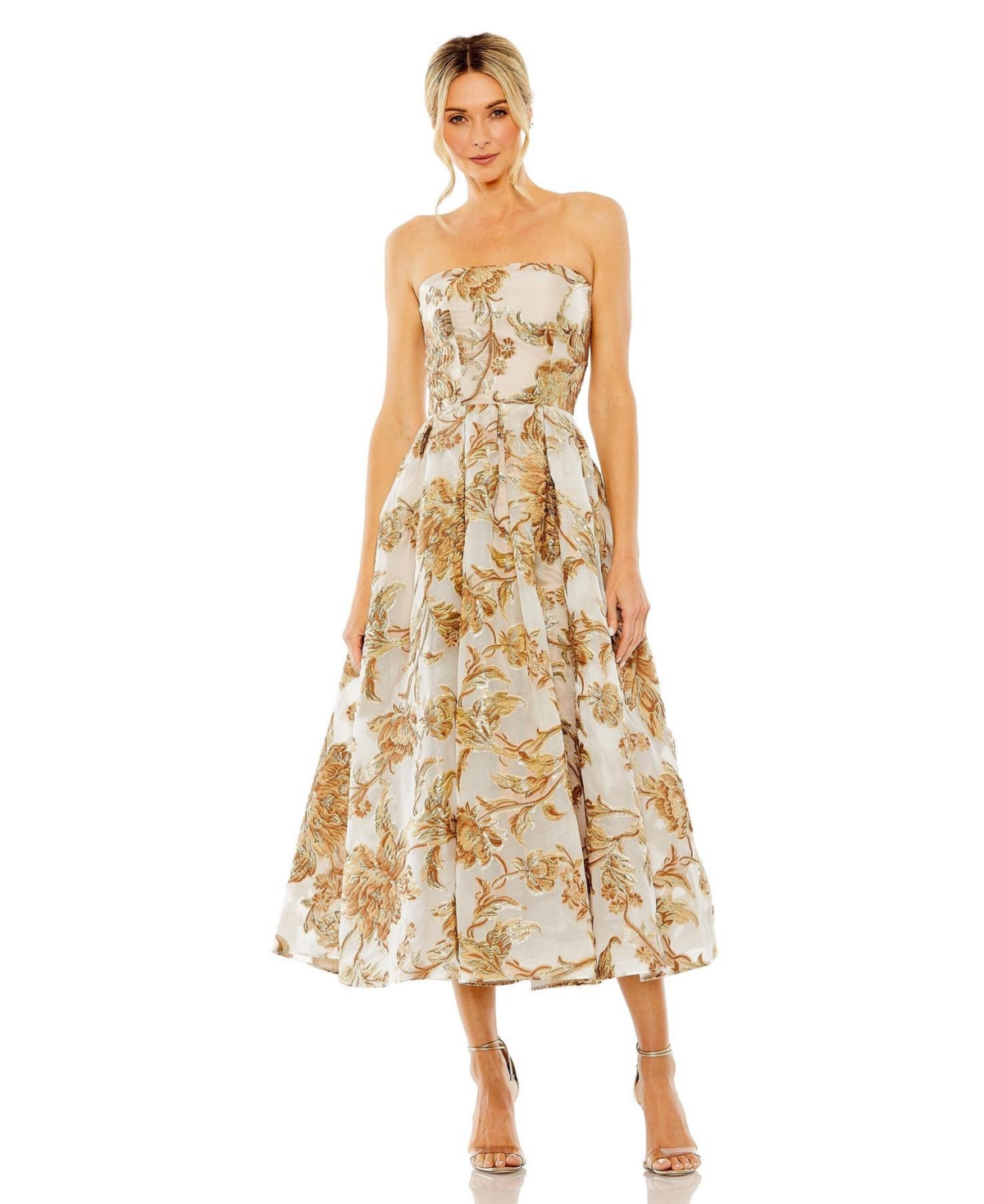 Mac Duggal Women’s Strapless Brocade Midi Dress With Pockets – Bronze Mac Duggal Women’s Strapless Brocade Midi Dress With Pockets – Bronze