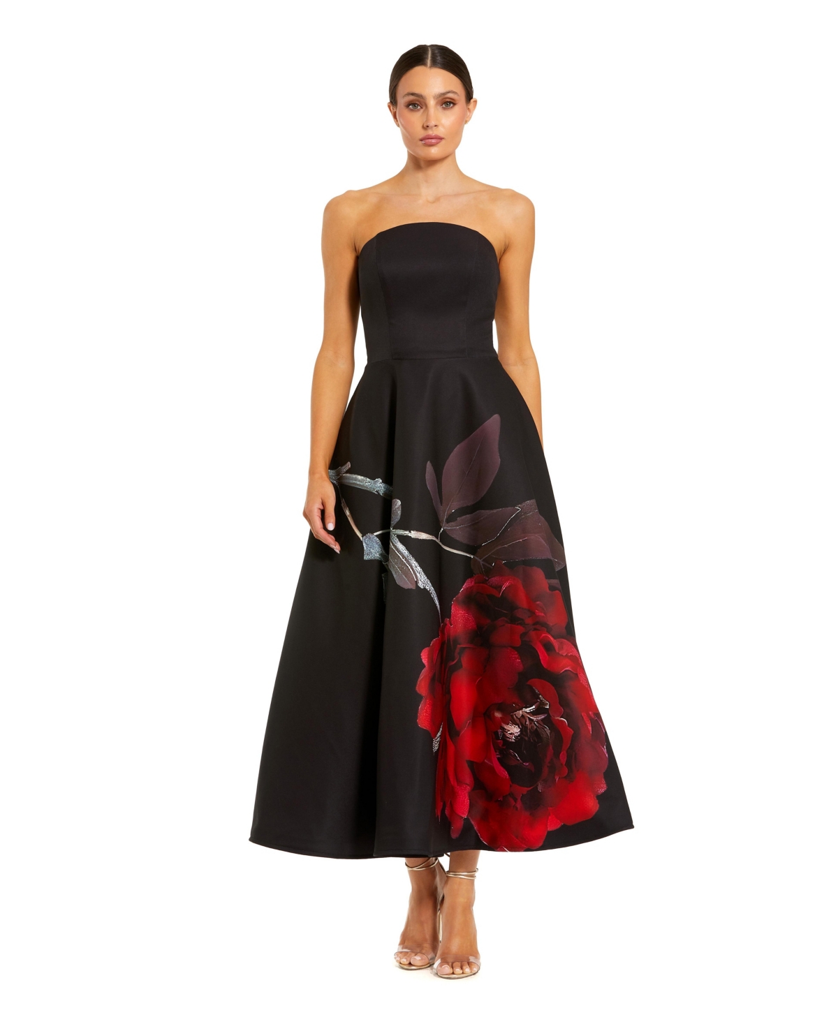 Mac Duggal Women’s Strapless Crepe Floral Print A-Line Midi Dress with Pockets – Black rose Mac Duggal Women’s Strapless Crepe Floral Print A-Line Midi Dress with Pockets – Black rose