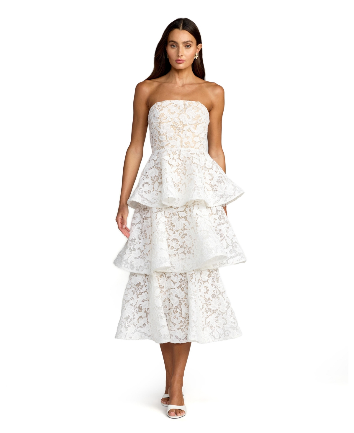 Mac Duggal Women’s Strapless Lace Tiered Floral Detail Midi Dress – Ivory Mac Duggal Women’s Strapless Lace Tiered Floral Detail Midi Dress – Ivory
