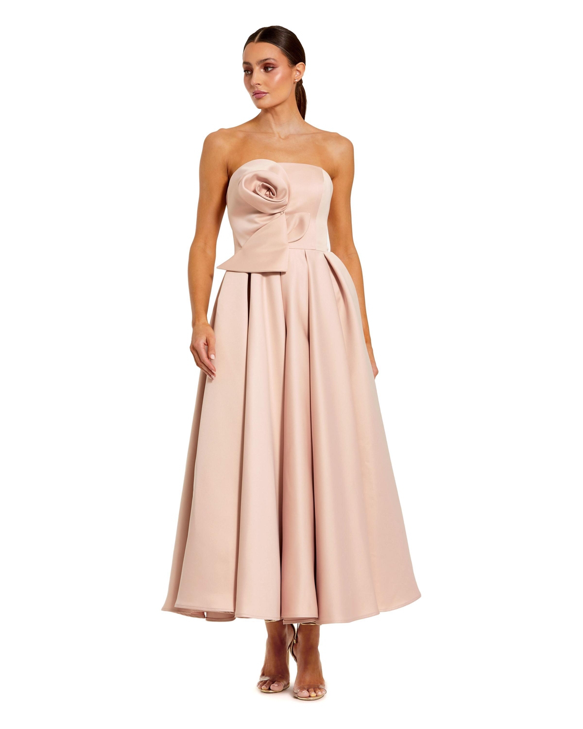 Mac Duggal Women’s Strapless Satin A Line Midi Dress With 3D Flower – Rose pink Mac Duggal Women’s Strapless Satin A Line Midi Dress With 3D Flower – Rose pink
