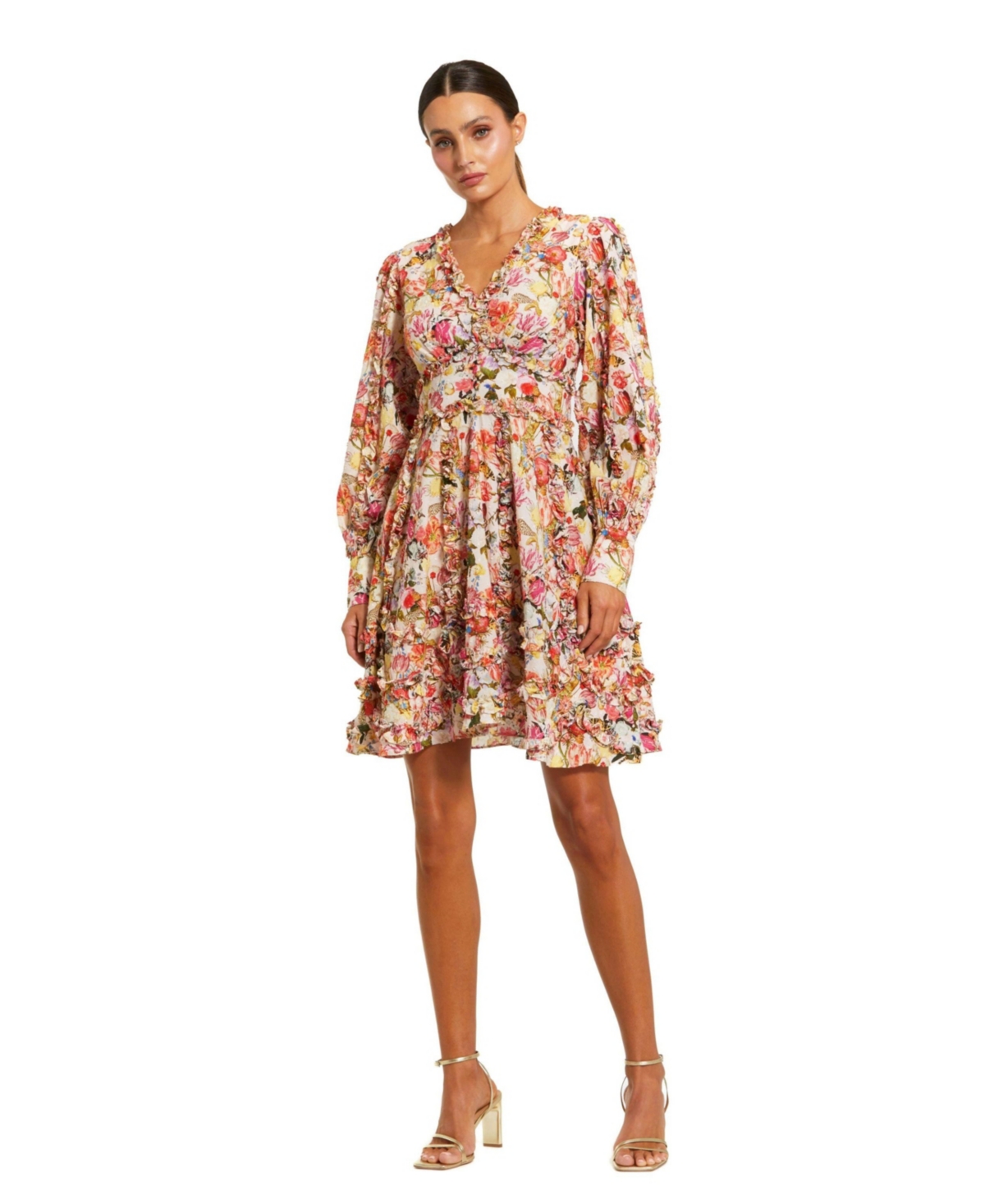 Mac Duggal Women’s V-Neck Cotton Mini Dress with Ruffles and Multicolor Floral Print – Pink multi
