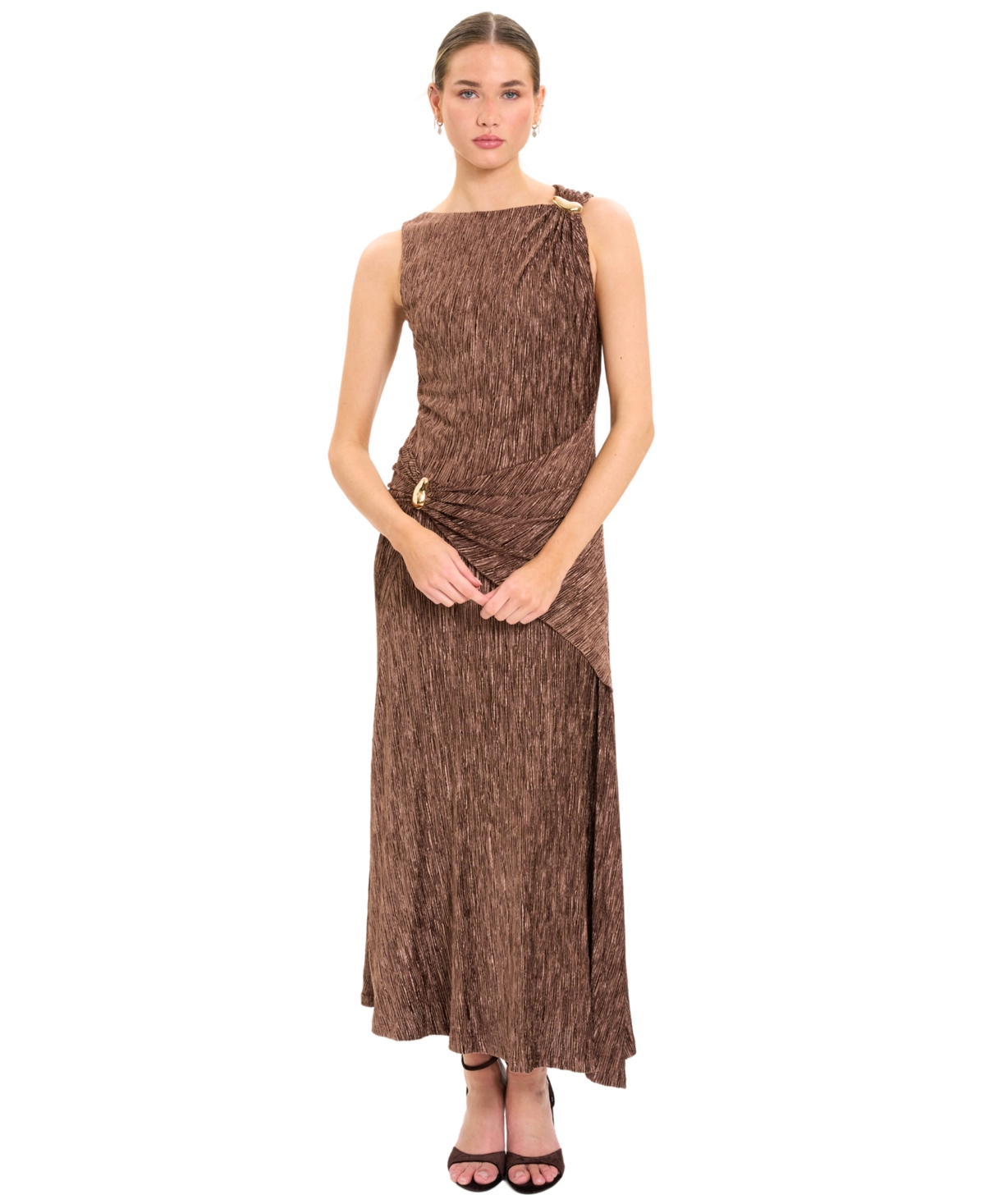 Maggy London Women’s A-Line Midi Crinkle Velvet Dress – Shaved Chocolate