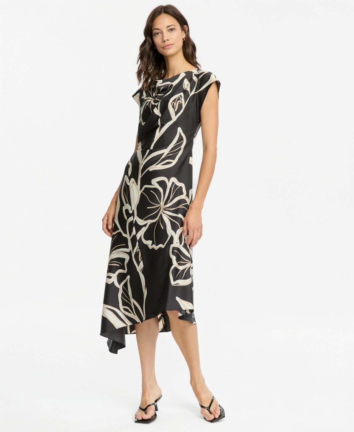 Maggy London Women’s Cap-Sleeve Asymmetric-Hem Dress – Black/Cream Maggy London Women’s Cap-Sleeve Asymmetric-Hem Dress – Black/Cream