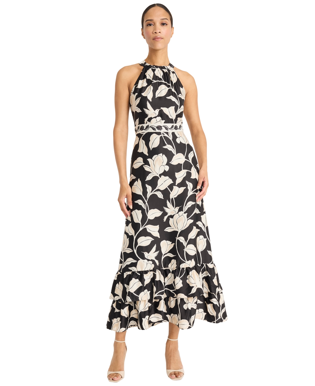 Maggy London Women’s Halter Light Charmeuse Tiered Maxi Dress – Black/Beige Maggy London Women’s Halter Light Charmeuse Tiered Maxi Dress – Black/Beige