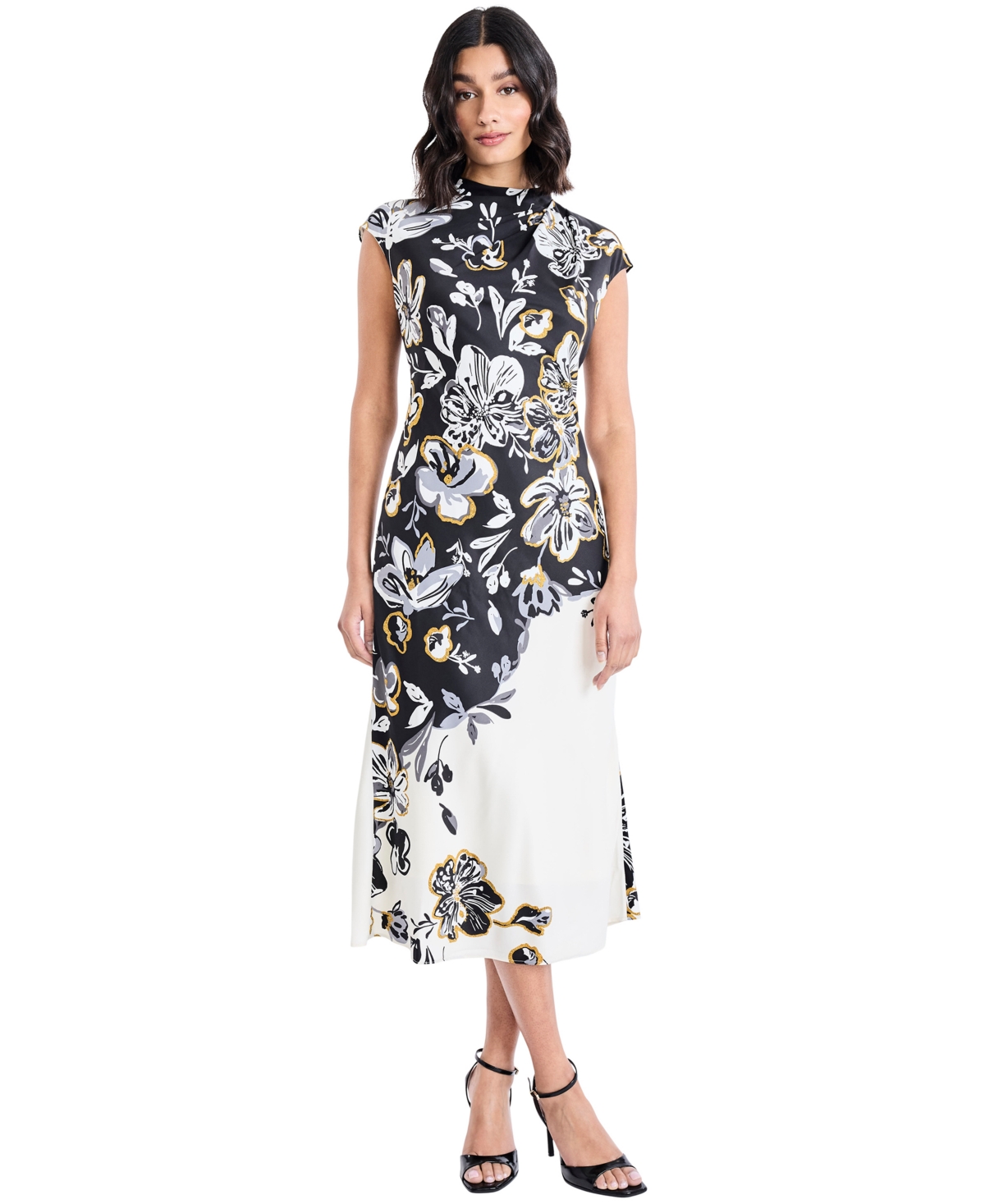 Maggy London Women’s Mock Neck Midi Dress – Cream/Grey