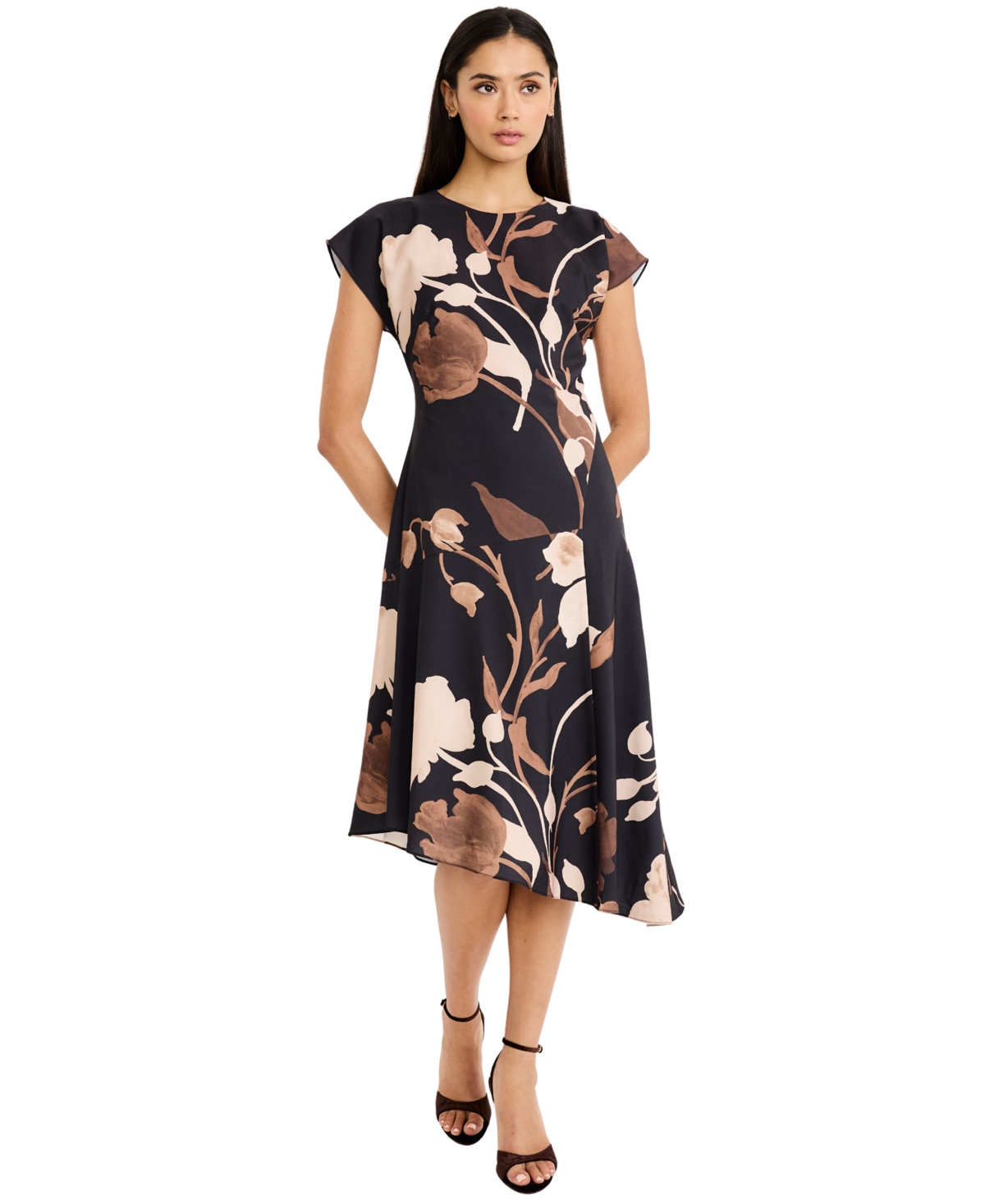 Maggy London Women’s Printed Floral Midi Dress – Black/lt. brown