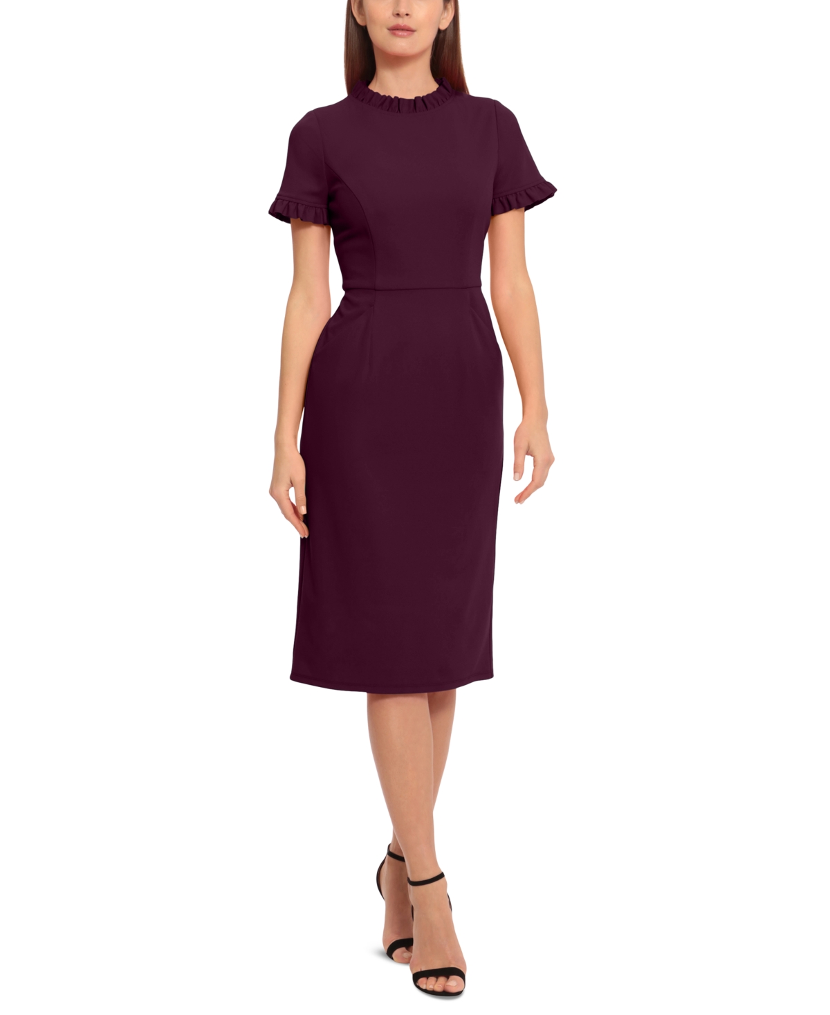 Maggy London Women’s Ruffled-Trim Sheath Dress – luxe plum Maggy London Women’s Ruffled-Trim Sheath Dress – luxe plum