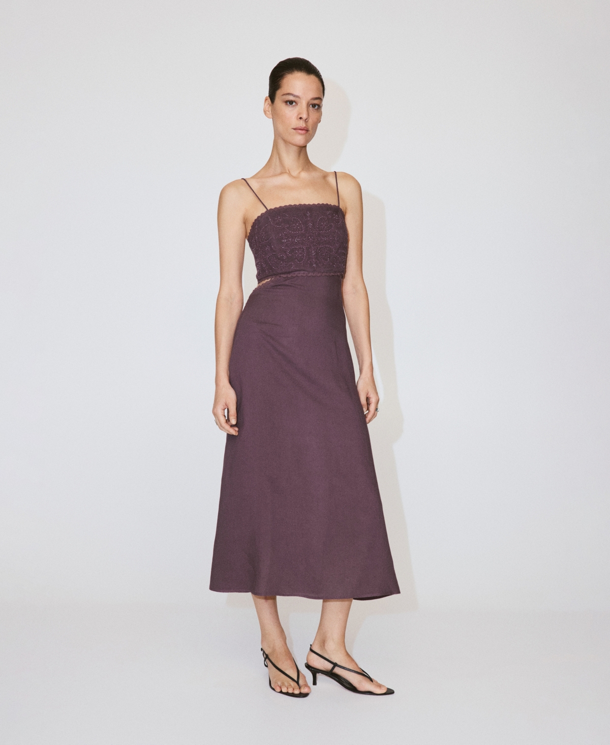 Mango Women’s Cutout Embroidered Beaded Dress – Drak Purple Mango Women’s Cutout Embroidered Beaded Dress – Drak Purple