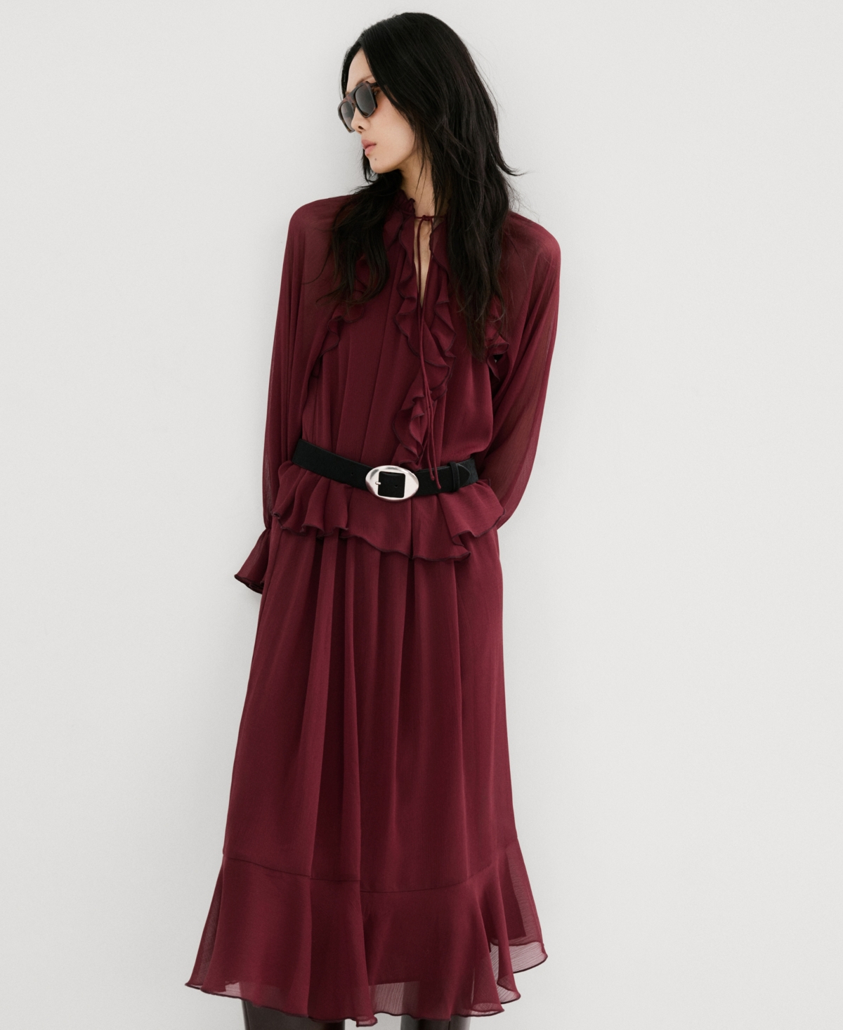Mango Women’s Long Ruffled Dress – Burgundy