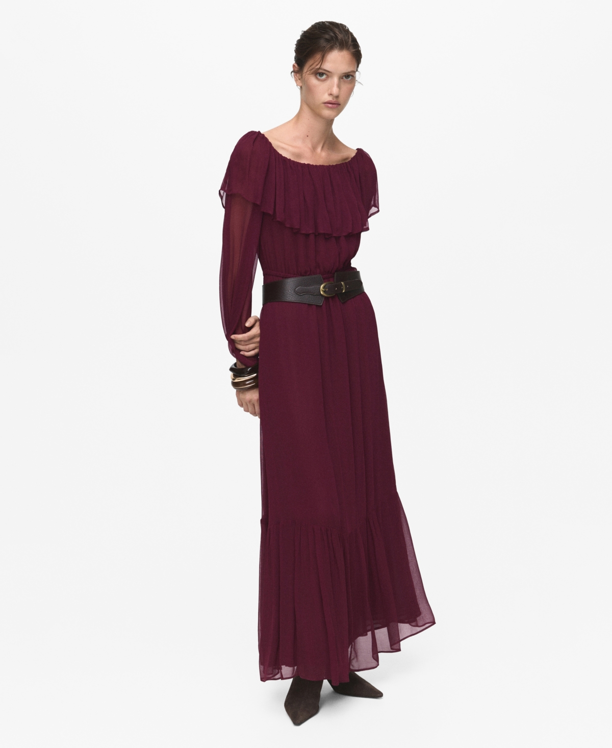 Mango Women’s Ruffles Strapless Dress – Burgundy