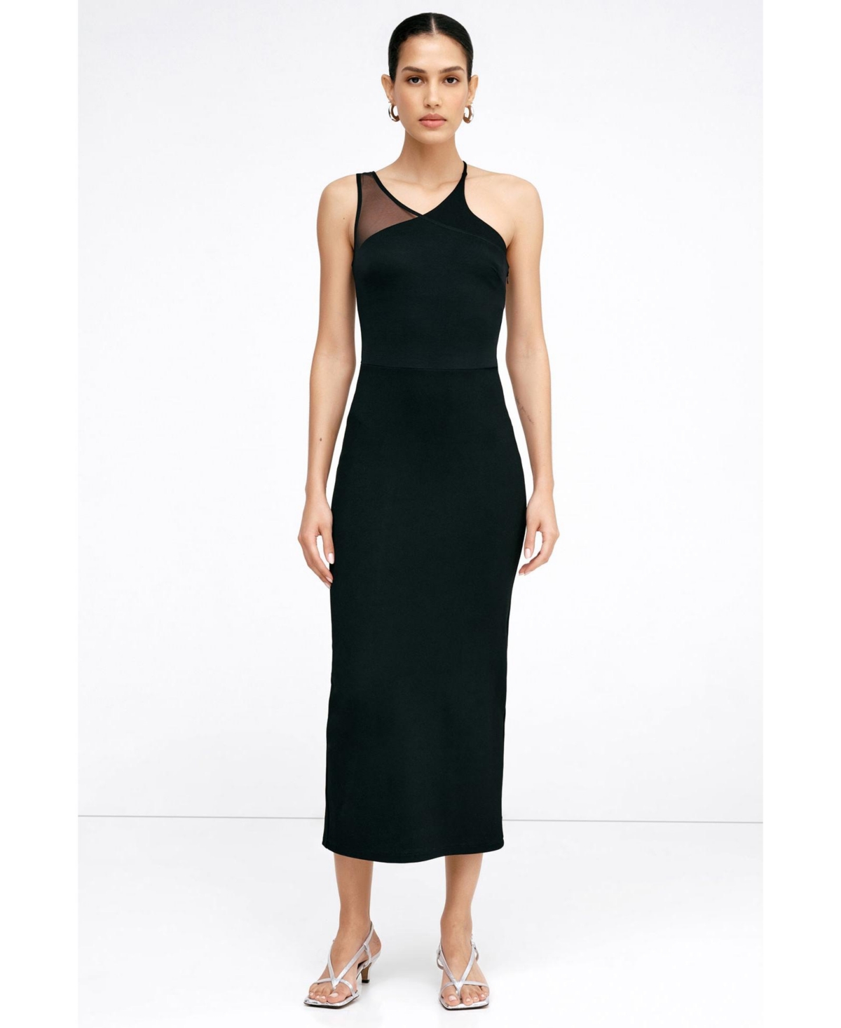 Marcella Women’s Vivica One-Mesh-Strap Sleeveless Fitted Midi Dress with Back Slit – Black Marcella Women’s Vivica One-Mesh-Strap Sleeveless Fitted Midi Dress with Back Slit – Black