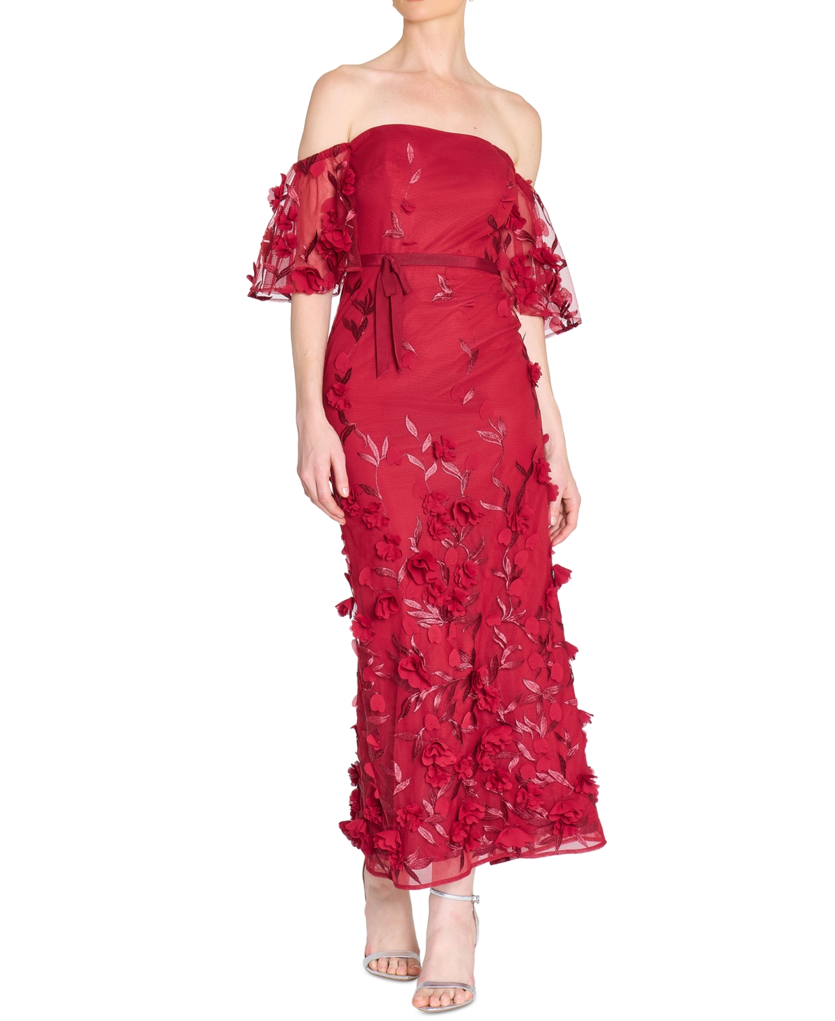 Marchesa Notte Women’s 3D Floral Off-the-Shoulder Midi Dress – Red Marchesa Notte Women’s 3D Floral Off-the-Shoulder Midi Dress – Red