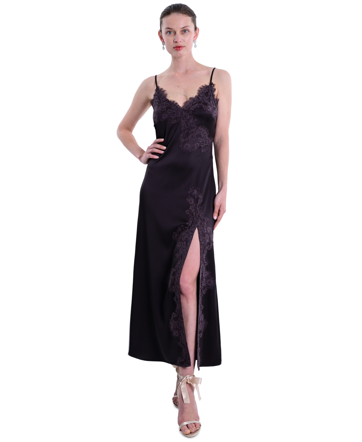 Marchesa Notte Women’s Lace Trim Midi Dress – Chocolate Marchesa Notte Women’s Lace Trim Midi Dress – Chocolate