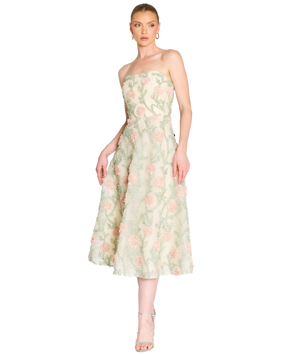 Marchesa Notte Women’s Midi Strapless 3D Floral Embroidery Dress – Ivory Blush