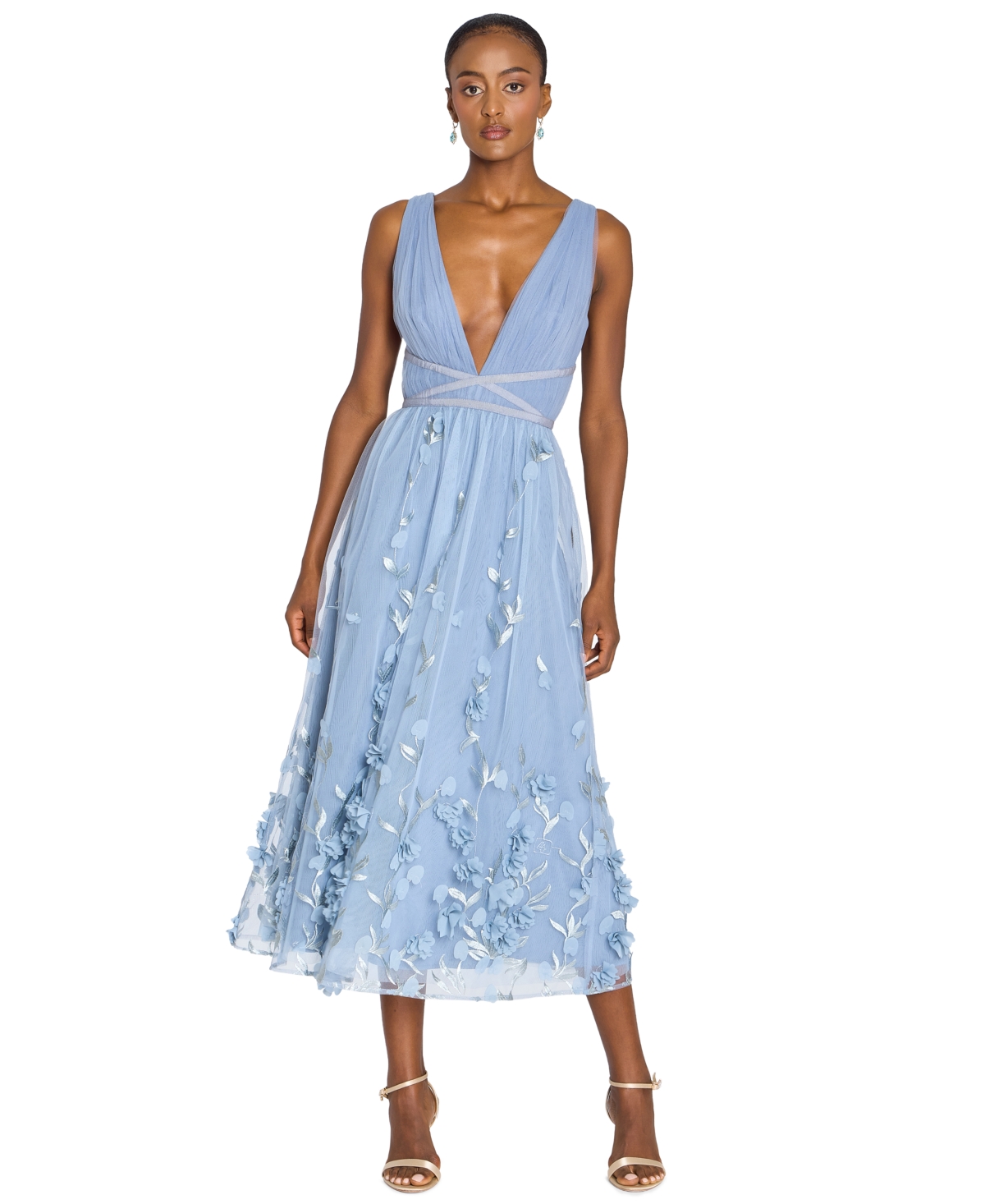 Marchesa Notte Women’s V-Neck 3D Floral Midi Dress – Dusty Blue Marchesa Notte Women’s V-Neck 3D Floral Midi Dress – Dusty Blue