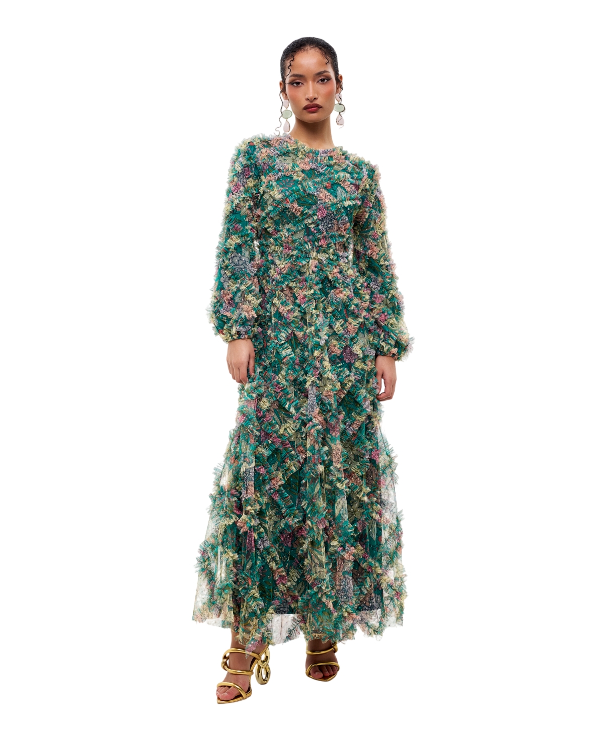 Maryisa Women’s Floral Ruffle Maxi Dress – Dark green