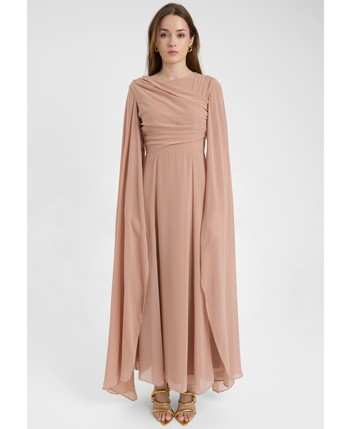 Maryisa Women’s Modest Chiffon Dress Maxi With Wrap Style Top – Taupe blush