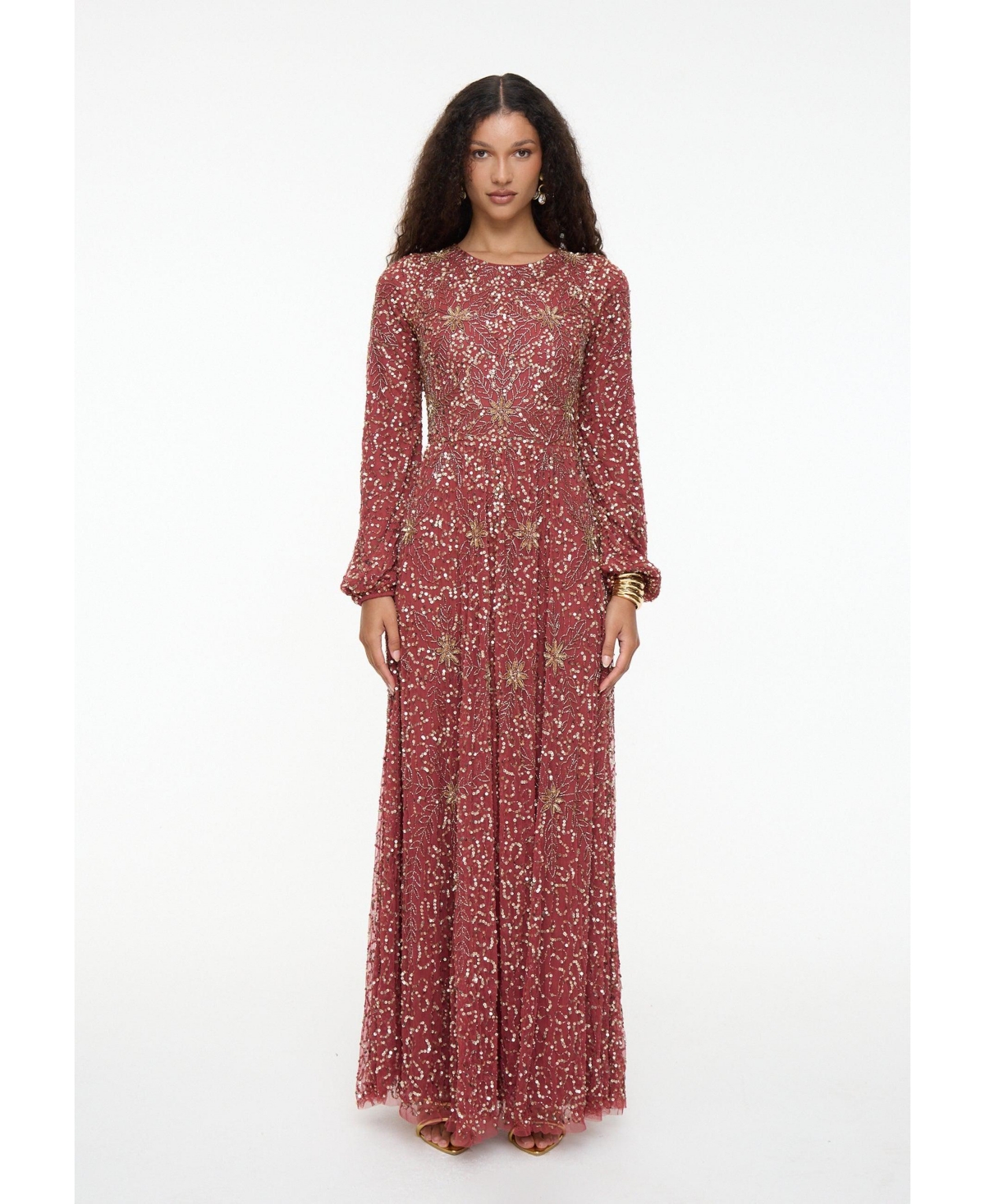 Maryisa Women’s Modest Embellished Sequins A-Line Dress – Rust