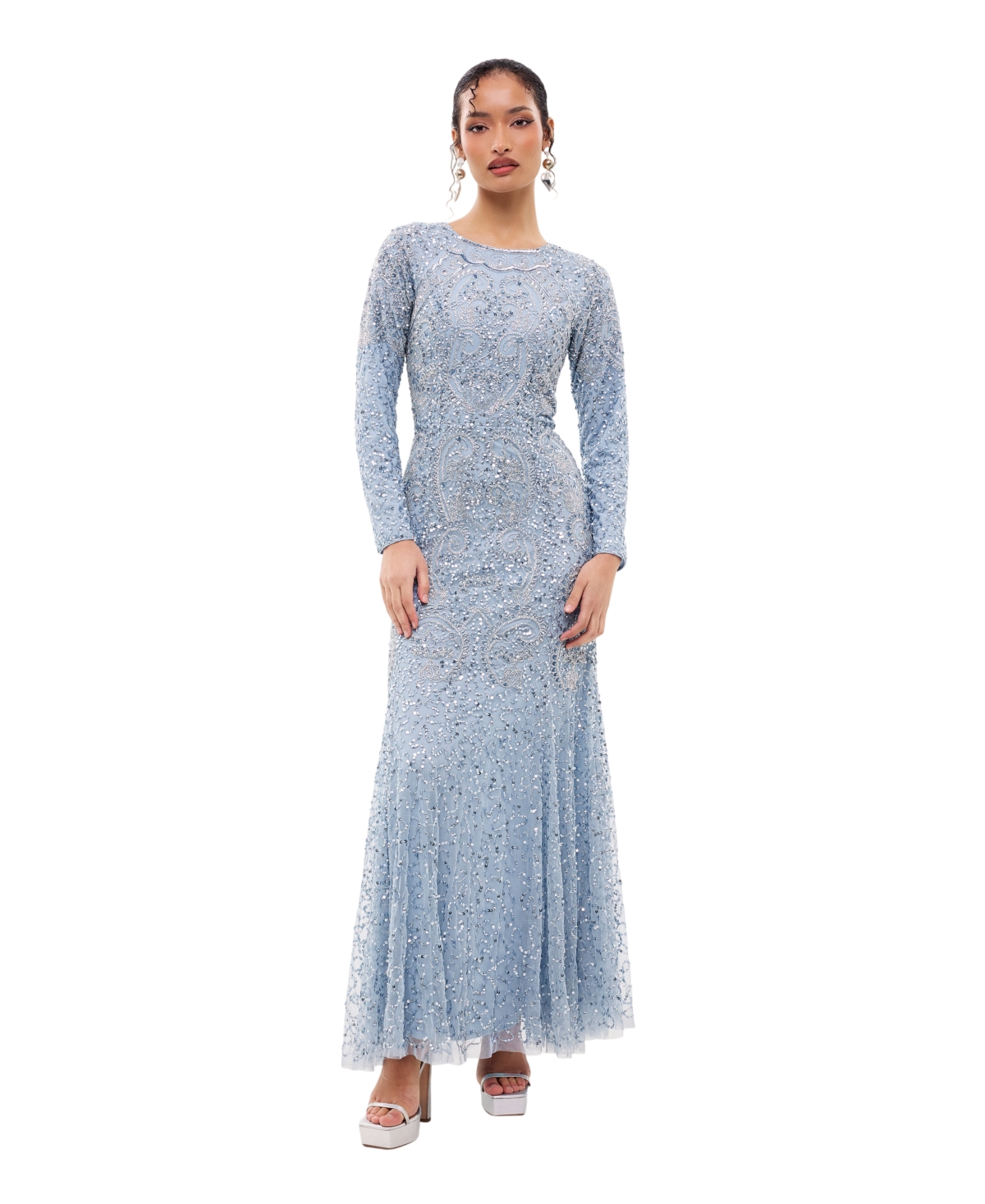 Maryisa Women’s Modest Embellished Sequins Fitted Maxi Dress – Blue